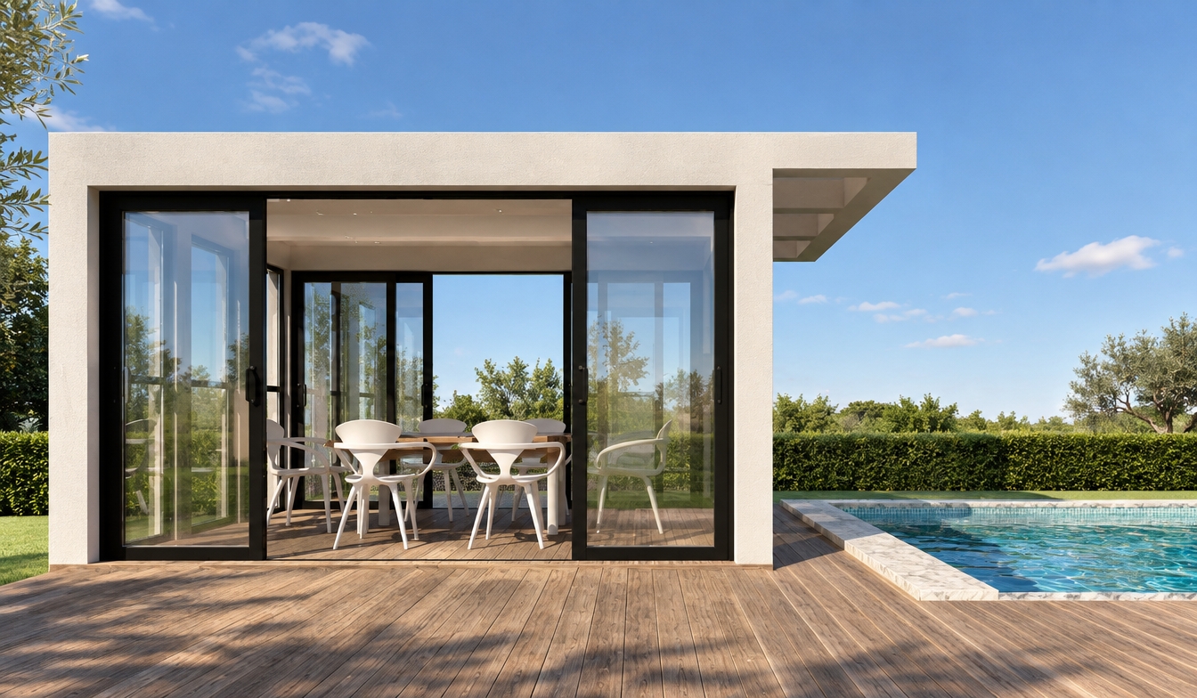 An incredibly lifelike, richly detailed, photorealistic eye-level exterior shot of a sleek poolside dining pavilion set in a manicured minimalist garden. The scene is illuminated by the crisp, golden-hued sun of a clear summer midday, creating a serene, airy, and inviting atmosphere. Captured with a 35mm lens, emphasizing the sharp contrast between the smooth, matte-cream stucco of the pavilion’s structure and the deep, rich grains of the weather-treated cedar decking. Through the floor-to-ceiling black-framed sliding glass doors, a modern dining space is revealed, featuring minimalist white sculptural chairs arranged around a warm wooden table. The composition highlights the seamless transition from the indoor dining area to the infinity-edge pool, where the blue water casts gentle, shimmering caustic reflections against the pavilion’s ceiling, evoking a luxurious, sun-drenched retreat.