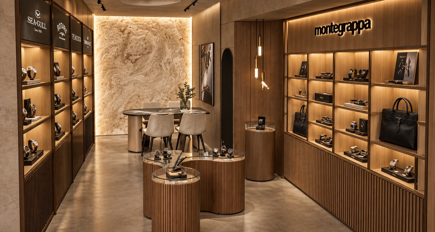 A photorealistic interior photograph of this luxury watch and pen boutique, strictly preserving the original geometry, structure, and composition. The space is illuminated by warm 3000K directional spotlights and soft ambient fill, casting authentic diffuse shadows across the finely fluted oak millwork, honed gray concrete floor, and backlit polished travertine feature wall. Clear, sharp corporate typography defines the branding headers, showcasing Montegrappa on the right display cabinetry, alongside SEA-GULL — Since 1955, ROTARY, PEACOCK, and MINASE on the left shelving. The organic central display islands feature clear glass tops with subtle, realistic reflections and micro-smudges over the displayed pens and luxury timepieces. Shot on a professional 35mm architectural lens at f/5.6, the image displays natural tonal depth, crisp material textures, balanced dynamic range, and faint optical vignetting.