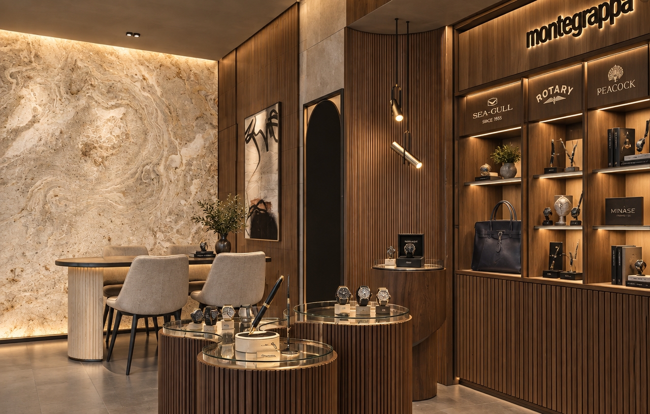 An eye-level architectural interior photograph of a luxury boutique specializing in fine watches and pens, maintaining the exact geometry and composition of the space. Warm, directional 3200K gallery lighting illuminates the textured fluted walnut millwork, polished glass counters, and veined travertine feature wall. High-end timepieces and elegant pens rest under crisp display highlights with realistic glass reflections and subtle micro-textures, while the shelving unit cleanly displays the Montegrappa logo alongside refined branding for Sea-Gull Since 1955, Rotary, Peacock, and Minase. Captured with a professional architectural lens, the image features balanced ambient shadows, natural material depth, and subtle optical imperfections for an authentic, photographic finish.