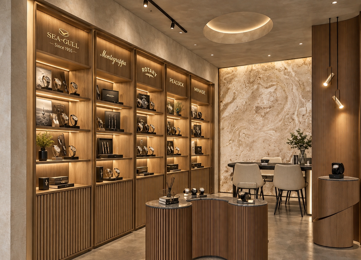 A clean architectural interior photograph of a luxury watch and pen showroom, perfectly preserving the existing room geometry, camera angle, and display layout. The tall fluted oak shelving features authentic, elegant signage at the top headers for SEA-GULL — Since 1955, Montegrappa, ROTARY, PEACOCK, and MINASE. Soft, directional retail spotlights and warm ambient LED strips accentuate the rich natural wood grain, polished countertop glass, and the organic veining of the beige marble feature wall. Captured on a sharp architectural tilt-shift lens, the scene exhibits realistic material micro-textures, smooth concrete finishes, natural interior reflections, and balanced soft-edge shadows.