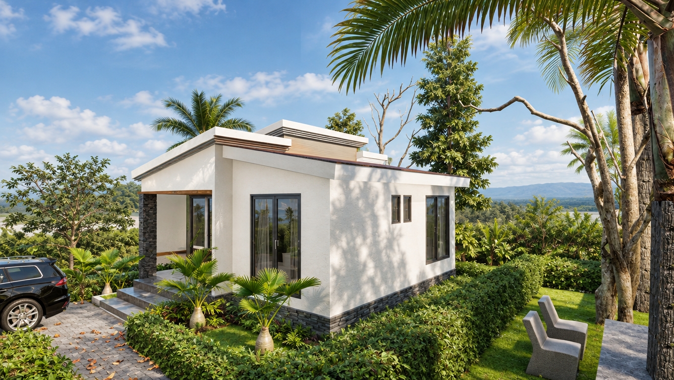An incredibly lifelike, richly detailed, photorealistic wide-angle architectural shot of a modern tropical villa set in a lush, sun-drenched garden environment. The scene is illuminated by crisp, warm midday tropical sunlight that casts soft, directional shadows, creating a serene and inviting atmosphere. Captured with a professional-grade 24mm wide-angle lens, the image emphasizes the refined textures of the crisp, off-white stucco walls, the cool-toned natural slate stone accents on the base and entryway pillar, and the sharp, dark aluminum frames of the floor-to-ceiling glazing which reflect the soft blue sky. The composition showcases a meticulously manicured landscape featuring three vibrant, young *Hyophorbe lagenicaulis* (Bottle Palms), each standing at a realistic 1.1 meters with their signature juvenile swollen trunks and compact, bright green fronds, nestled gracefully among structured hedge rows and ornamental tropical foliage. To the left, a modern black SUV sits on a clean, grey-paver driveway scattered with a few fallen autumn leaves, while to the right, minimalist outdoor seating provides a contemplative, "digital zen" space beneath the cooling shade of the surrounding trees. The depth of field is expertly managed to keep the clean geometric lines of the villa’s split-roof design sharp against the clear, expansive sky, resulting in a high-end, premium real-estate visualization that radiates luxury, balance, and architectural precision.