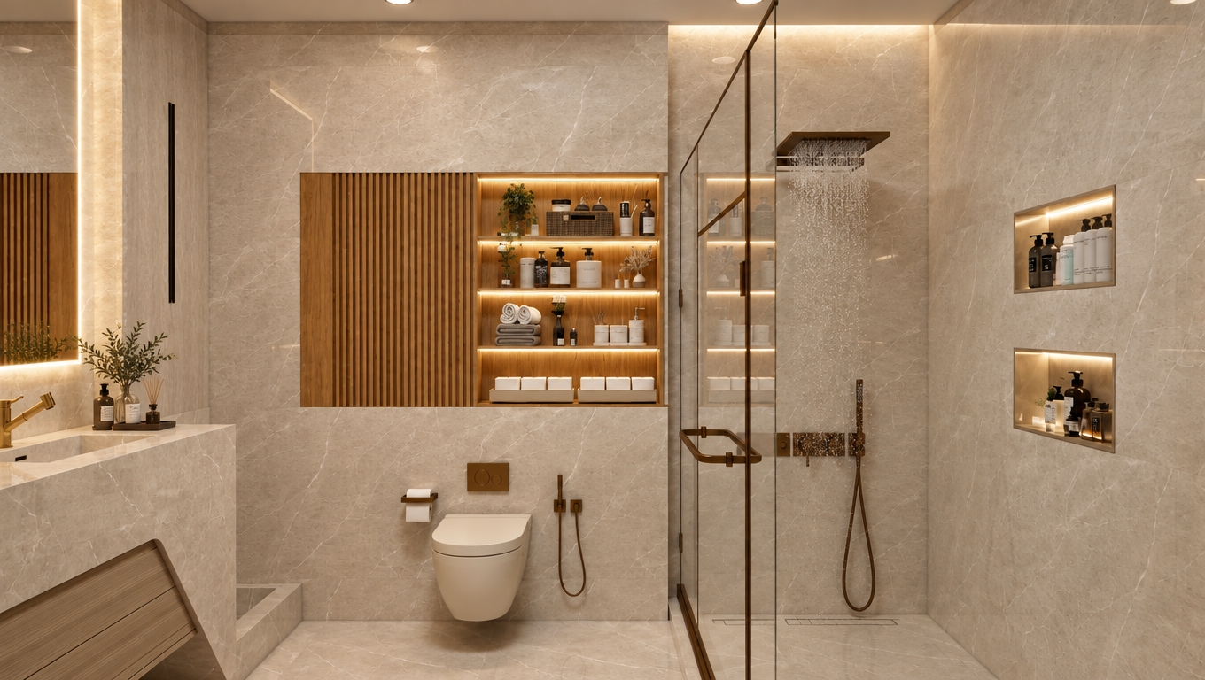 An authentic architectural photograph of the modern bathroom, shot with a 35mm interior lens under balanced, warm 3000K ambient illumination without harsh sunbeams. Soft, diffused light emanates evenly from the ceiling cove and integrated LED strips within the warm oak wall niches, casting gentle glows across the beige marble surfaces. The cream stone displays tactile matte finishes and delicate natural veining, complemented by authentic brushed bronze hardware with soft specular highlights. Realistic micro-textures, faint water droplets on the shower glass, subtle natural reflections, and gentle film grain ensure a balanced, photorealistic warm aesthetic.