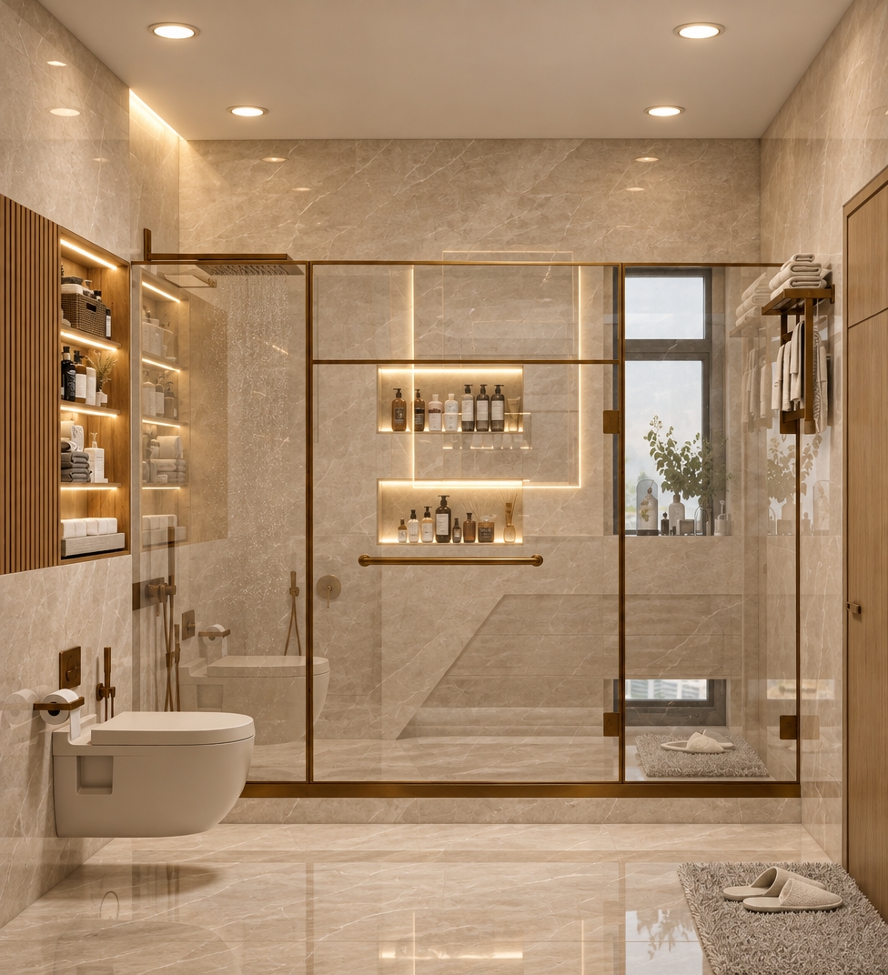 A professional architectural photograph of the exact bathroom scene, illuminated by balanced, soft-diffuse 3000K warm lighting with no direct sunbeams. The beige marble surfaces and polished floor display authentic stone veining, gentle specular highlights, and natural room reflections. Fluted wood accents, brass shower framing, and glass panels show fine tactile micro-textures, clean water-free clarity, and realistic ambient occlusion in recesses. Captured with an eye-level architectural tilt-shift lens, showcasing an evenly balanced exposure between the recessed ceiling spots and glowing LED niches, finished with subtle photographic grain and faint natural vignetting.