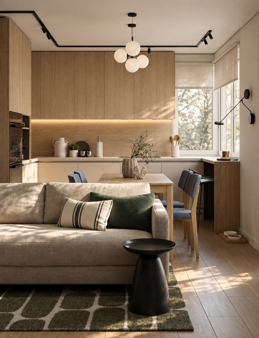 A photorealistic interior photograph of the modern open-plan living and kitchen space, shot on a 35mm lens at eye level. The upper wall cabinets are replaced by continuous vertical light oak paneling extending seamlessly from the backsplash to the ceiling, accented by soft warm LED under-cabinet illumination. Diffused daylight streams through the side window, casting natural, soft-edged shadows across the beige fabric sofa, green throw pillow, and dining table. Fine wood grain textures, subtle surface imperfections, authentic material reflections, and slight optical depth of field lend the scene a natural, genuine photographic quality.