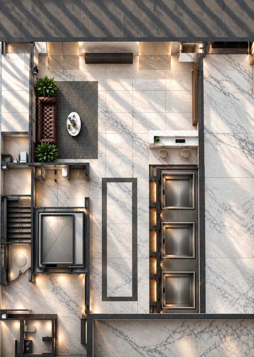 An incredibly lifelike, richly detailed, photorealistic top-down architectural floor plan rendering of a luxurious hotel lobby set in a minimalist haven. The scene is illuminated by soft, recessed warm-toned lighting and dramatic slanting moonlight that casts long, rhythmic shadows across the space, creating a serene, Zen-inspired atmosphere. Captured with a wide-angle 35mm lens, the composition emphasizes the high-gloss white Calacatta marble flooring, the deep cocoa-toned tufted leather sofa, and the precise, streamlined geometry of the three brushed-metal elevator doors.

The design celebrates a monochromatic palette of crisp whites, soft grays, and muted charcoal accents, reflecting a sophisticated, uncluttered aesthetic. Sleek, minimalist furniture pieces are arranged with intentional sparsity, balanced by vibrant green indoor plants that breathe life into the sterile, elegant environment. The perspective highlights the seamless integration of functional elements—such as the marble-clad concierge desk and the floating wooden wall panels—within a vast, open-plan layout. Every surface is kept pristine and clutter-free, emphasizing the architectural clean lines and the exquisite vein-matching of the natural stone flooring, resulting in a high-end, gallery-like interior reminiscent of a luxury photography book.