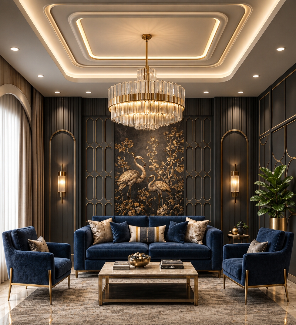 An incredibly lifelike, richly detailed, photorealistic interior shot of a sophisticated Art Deco living room set in an elegant metropolitan residence. The scene is illuminated by the soft, golden glow of a tiered crystal chandelier and diffused LED cove lighting, creating a warm, opulent atmosphere. Captured with a 35mm wide-angle lens, emphasizing the plush velvet textures and metallic accents. The centerpiece is a deep, midnight-blue velvet sofa that pops against a dramatic, charcoal-toned accent wall, which replaces the previous neutral palette to provide a striking, high-contrast backdrop. Two matching blue armchairs frame the space, while a vibrant, oversized fiddle-leaf fig in a polished brass planter adds a touch of organic luxury. The intricate wall paneling is highlighted by the cool, crisp light of the recessed spots, casting elegant shadows that define the room's depth and architectural symmetry.