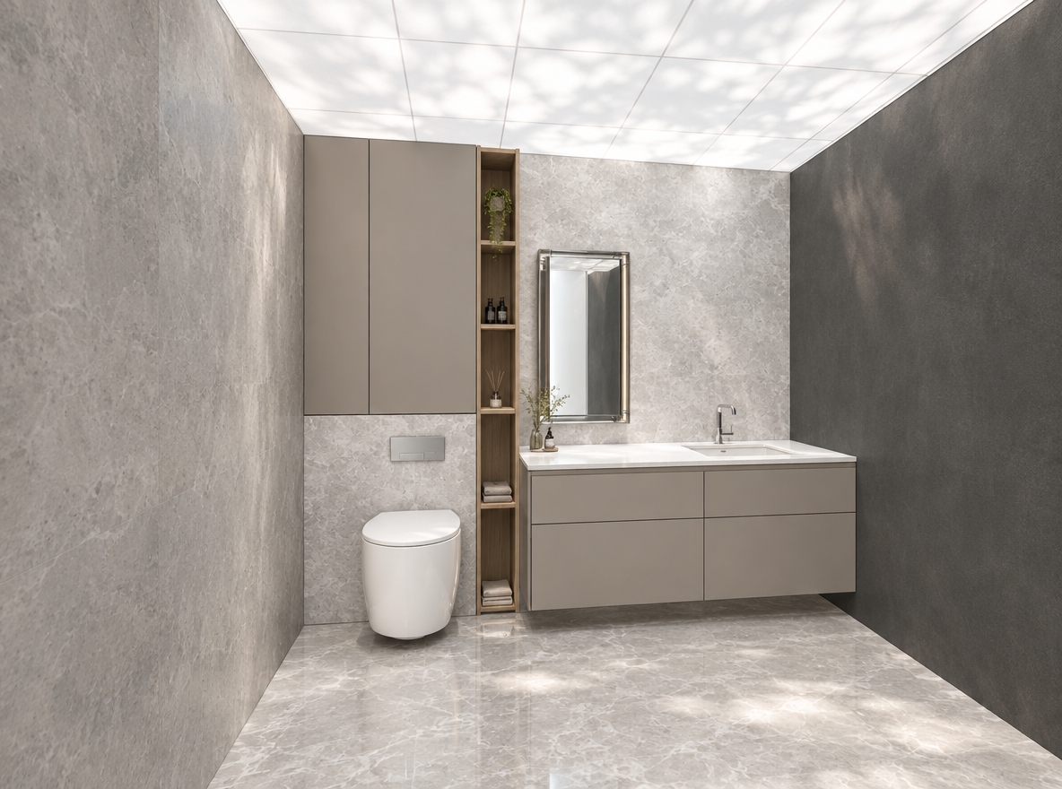An incredibly lifelike, richly detailed, photorealistic wide-angle interior photo of a minimalist bathroom set in a modern apartment during a bright spring midday. The scene is illuminated by soft, natural sunlight filtering from above, creating a serene and airy atmosphere. Captured with a 35mm lens, emphasizing the cool-toned, high-end stone textures and seamless cabinetry.

This tranquil bathroom sanctuary showcases a harmonious blend of textures, featuring light grey stone-clad walls that contrast beautifully with a deep charcoal accent wall. The custom cabinetry, finished in a matte greige, integrates a sleek wall-mounted toilet and a spacious vanity with a crisp white countertop and a minimalist chrome faucet. A tall, open-shelving unit in warm oak wood adds organic warmth to the cool palette. Above the vanity, a rectangular mirror with a refined metal frame reflects the clean lines of the space, while the floor consists of polished, veined marble tiles that anchor the room’s sophisticated, uncluttered aesthetic. The composition highlights a perfect balance of functional design and quiet, meditative elegance.