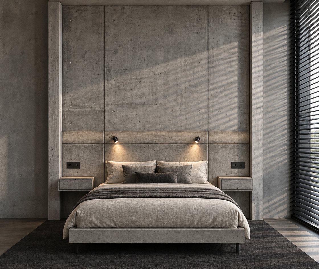 Architectural interior photograph strictly preserving the straight-on framing, geometry, and layout of the sketch, rendered in authentic raw cast-concrete across all architectural panels, walls, and floating nightstands without any wood elements. The bed is dressed in realistic, soft neutral bedding and layered fabric pillows resting on the dark floor carpet. Cool daylight streams from the right through closed black horizontal blinds, casting subtle linear shadows across the textured concrete surfaces, balanced by the gentle warm glow from the integrated reading spotlights. Shot on an architectural tilt-shift lens with balanced exposure, sharp micro-textures, realistic fabric draping, and natural ambient shadows.