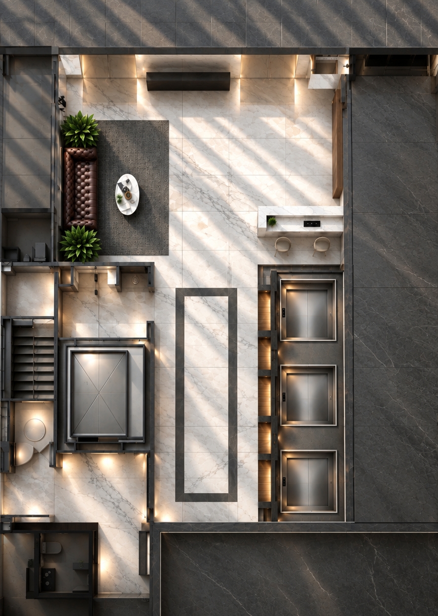 An incredibly lifelike, richly detailed, photorealistic top-down architectural floor plan rendering of a luxury hotel lobby set in a sun-drenched, minimalist haven. The scene is illuminated by soft, natural light filtering through high-level slats, casting dramatic, rhythmic shadows across the polished white marble floors, creating a tranquil and sophisticated atmosphere. Captured with a high-angle 35mm perspective, the shot emphasizes the interplay of textures, from the sumptuous, button-tufted mahogany leather sofa and plush charcoal rug to the cool, veined surfaces of the marble flooring and the brushed-metal finish of the trio of sleek elevators. The composition is masterfully balanced, showcasing a seamless flow between the intimate lounge area, the crisp marble concierge desk, and the vertical circulation core, all anchored by a minimalist aesthetic that conveys a sense of curated, high-end hospitality.