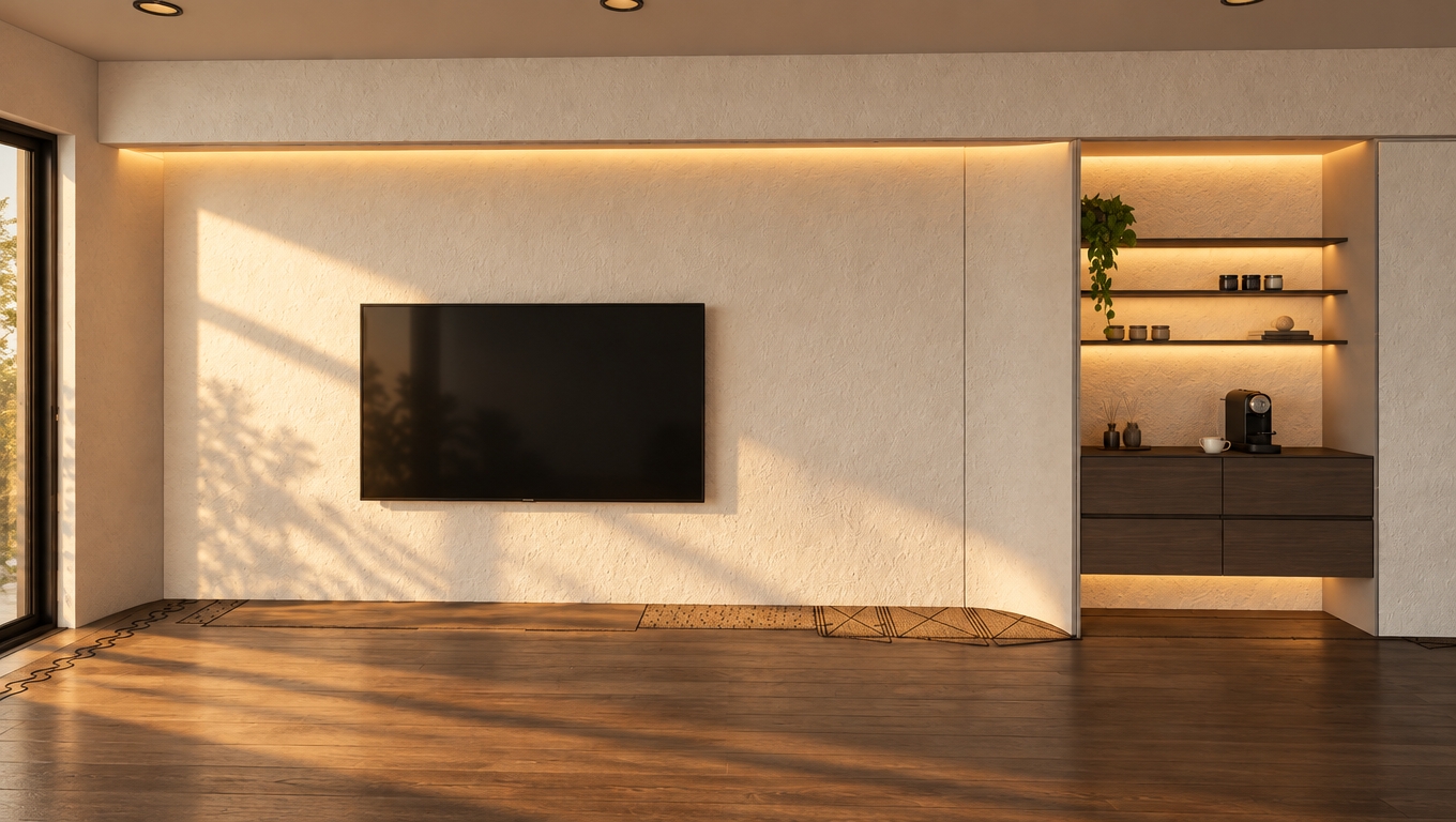An architectural photograph of the interior bathed in warm afternoon sunlight streaming gently from the left, casting soft shadows across the room. The main wall is rendered in a textured off-white plaster coating with subtle surface imperfections, cleanly framing the mounted television screen. In the recessed alcove, warm integrated strip lighting illuminates the shelves, highlighting the espresso maker, scattered coffee accessories, small decor items, and a draped green pothos plant above the dark wood grain cabinetry. The dark wood flooring reflects the ambient golden light, captured through a prime wide-angle lens with balanced dynamic range, subtle depth of field, natural micro-textures, and faint film grain for an upscale, cozy atmosphere.