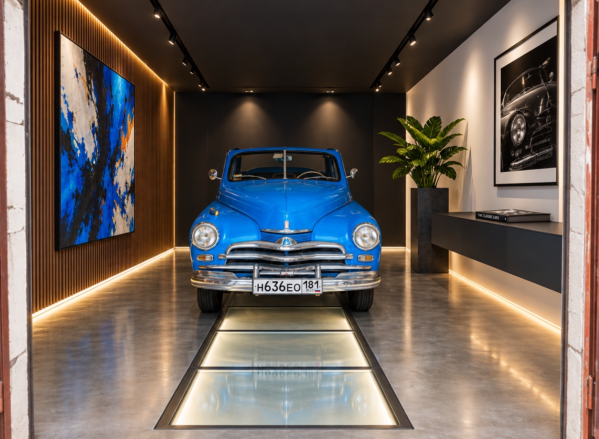 An incredibly lifelike, richly detailed, photorealistic wide-angle interior shot of a transformed automotive exhibition space set in a sleek, modern fusion urban gallery. The scene is illuminated by linear recessed track lighting and concealed floor-level ambient LEDs, creating a dynamic, sophisticated, and high-end atmosphere. Captured with a 24mm tilt-shift lens on a full-frame camera, emphasizing smooth micro-cement textures, reflective metallics, and rich wooden finishes.
The once-drab garage is reimagined into an open-concept, industrial-inspired showroom defined by bold geometric forms and a restrained palette of matte black, gallery white, and electric blue accents. The former inspection pit is transformed into a flush architectural floor feature covered with backlit frosted glass panels, casting a dramatic upward glow beneath the collector car. Along one wall, vertical acoustic slatted-wood paneling is paired with oversized vibrant abstract art, while the opposite side features a floating steel console displaying a large-format photography book beside an architectural pedestal hosting lush, broadleaf greenery to soften the sleek urban aesthetic.