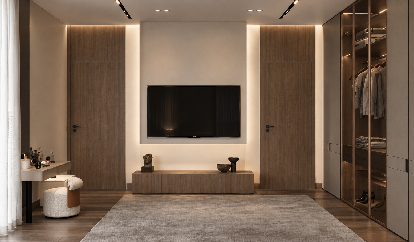 An incredibly lifelike, richly detailed, photorealistic interior shot of a sophisticated master bedroom set in a minimalist haven. The scene is illuminated by soft, diffused warm recessed lighting and linear ceiling tracks, creating a serene, Zen-inspired atmosphere. Captured with a 35mm wide-angle lens, emphasizing the fine grain of the walnut-toned timber cabinetry and the tactile, boucle-textured fabric of the vanity stool.
The composition centers on a streamlined media wall, where a sleek, flush-mounted television floats against a smooth, matte-finish wall panel. To the left, a floating vanity is adorned with minimal accessories, while to the right, a floor-to-ceiling wardrobe features smoked-glass doors, revealing an organized display of curated garments. The floor is lined with a sprawling, plush gray area rug that grounds the room, pulling together the monochromatic palette of whites, soft grays, and warm wood tones. Every surface remains intentionally uncluttered, with a singular sculptural bust on the low-profile media console acting as a refined focal point, evoking the polished aesthetic found within the pages of a high-end interior design photography book.
