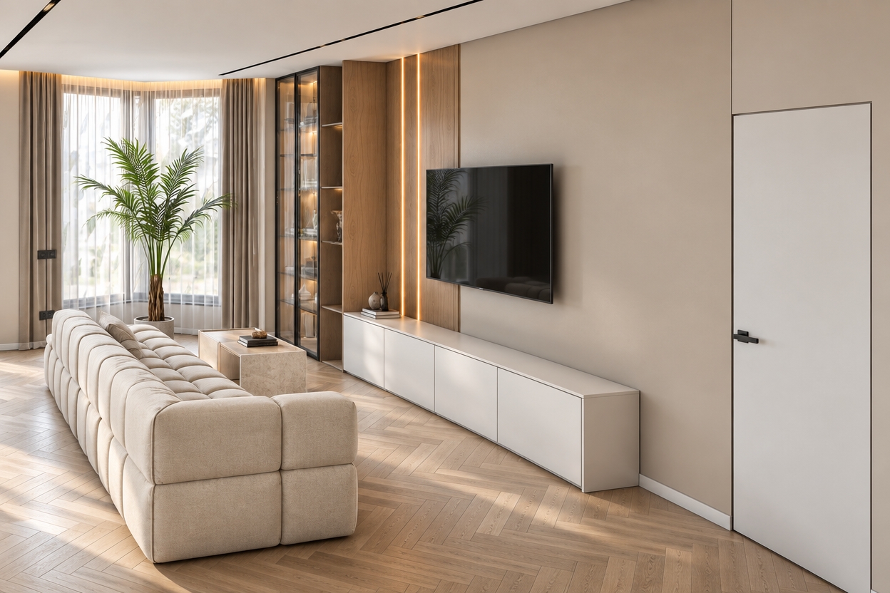 A photorealistic architectural interior photograph capturing the exact modern living room composition, photographed on a full-frame camera with a wide-angle tilt-shift lens at f/8. Soft natural daylight filters through the bay window, complemented by subtle, warm hidden cove lighting grazing down the window curtains, alongside integrated warm LED backlighting glowing softly from the two vertical accent stripes on the wood paneling to the left of the television. The tufted cream modular sofa shows tactile fabric micro-textures and gentle creasing, resting on a matte, light oak herringbone parquet floor with authentic grain and soft reflections. The smooth satin surfaces of the white TV console, realistic waxy leaves of the potted palm, and clear glass cabinet complete a clean, evenly balanced, and beautifully illuminated contemporary scene.