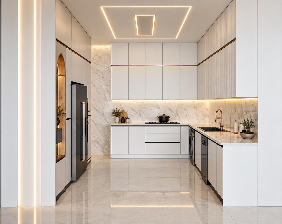 An eye-level architectural interior photograph of the kitchen preserving the exact composition and geometry, featuring clean semi-matte white cabinetry fitted with integrated hidden black handle profiles. The countertops are made of polished glossy faux marble showing subtle reflections, paired with polished light ceramic floor tiles below. The yellow ceiling and wall accents are replaced by softly glowing linear LED light strips that cast warm, diffused architectural illumination across the surfaces, while a refined 3cm brushed gold strip trims the upper cabinets. Shot with a sharp tilt-shift architectural lens in balanced, realistic neutral daylight and interior warm-white ambient lighting.