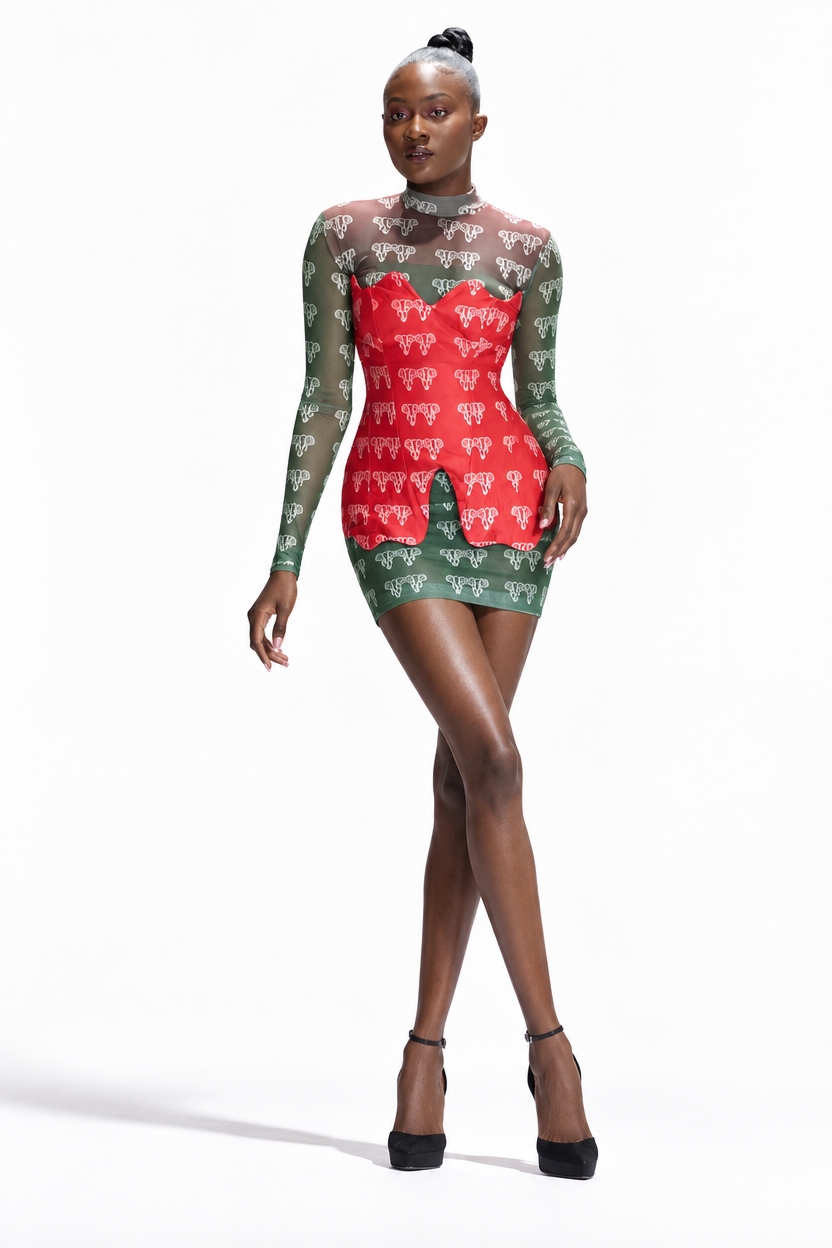 the the lady in red and green pose exactly like the other model with a bit smaller wasit line and ethe red and green dress be the same ...just same poses and a bit smaller waist same face with white background