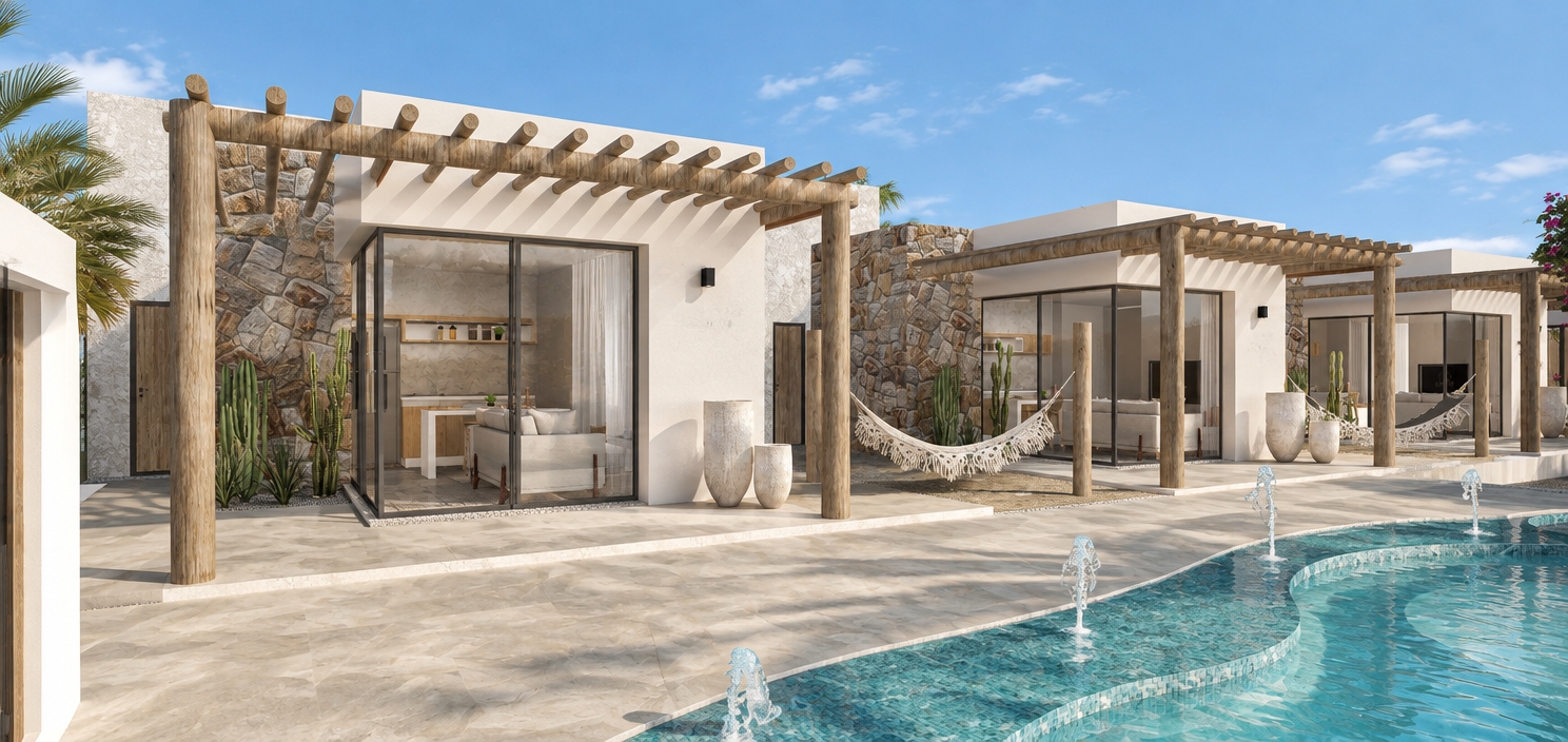 An incredibly lifelike, richly detailed, photorealistic eye-level exterior shot of a luxury boutique villa resort set in a tranquil, sun-drenched oasis. The scene is illuminated by the brilliant, crisp light of high midday, casting soft, defined shadows that create a serene, minimalist atmosphere. Captured with a 35mm lens, emphasizing the tactile textures of rugged natural stone walls contrasted against smooth, matte-white stucco facades and warm, weathered timber pergolas.

The composition highlights a row of identical Scandinavian-inspired villas, each featuring floor-to-ceiling glass sliders that blur the line between indoor comfort and the outdoors. Inside, the interiors reveal a palette of whites and soft grays, with plush, hygge-inspired textiles visible on seating, reflecting a clean and airy aesthetic. Subtle, organic greenery, including potted cacti, accents the transitions between the units, while a winding, turquoise-tiled swimming pool snakes through the foreground with delicate water jets catching the light. The overall mood is one of quiet luxury, where the rhythmic architecture meets the organic beauty of a nature-infused sanctuary, captured with the crisp clarity and balanced framing of a high-end travel photography book.