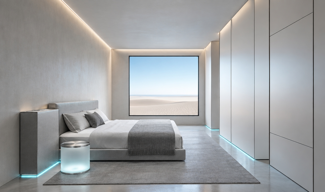 An incredibly lifelike, richly detailed, photorealistic wide interior shot of a minimalist digital-zen bedroom set in a cutting-edge urban sanctuary during a crisp winter midday. The scene is illuminated by diffused, cool natural skylight paired with sleek hidden linear LEDs and subtle electric-cyan neon underglow, creating a tranquil, high-tech atmosphere. Captured with an architectural camera mounted with a 24mm tilt-shift lens, emphasizing the ultra-smooth microcement floor, brushed-aluminum accents, and pristine geometric alignment. On the left, a streamlined platform bed dressed in tailored cool-gray textiles and crisp white linens rests beside a sleek, cylindrical frosted-glass nightstand. The right side features seamless, floor-to-ceiling smart wardrobe cabinets in a flawless matte pearl finish, leading the eye toward the center wall where an ultra-thin digital canvas displays a luminous, minimalist landscape of pale sands meeting a soft horizon, harmonizing cyberpunk innovation with serene Zen tranquility.