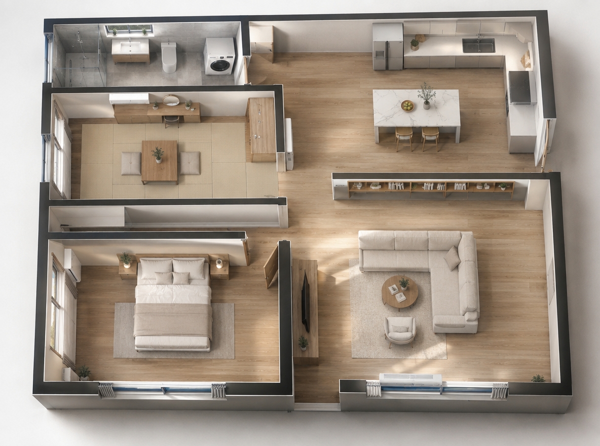 An incredibly lifelike, richly detailed, photorealistic top-down architectural cutaway photograph of a boutique-hotel inspired minimalist apartment set in an elegant urban residence. The scene is illuminated by soft, natural morning sunlight streaming through multiple sleek windows and complemented by warm, recessed architectural LED strips, creating an effortlessly serene, airy, and tranquil atmosphere. Captured with a high-resolution medium format camera and a sharp tilt-shift lens, emphasizing the seamless natural oak floorboards, polished quartz surfaces, and meticulously tailored proportions throughout the entire layout. 

In the open-plan living area, a plush oatmeal-toned L-shaped sofa and a low wooden coffee table anchor the center, complemented by a streamlined television console against the left divider and built-in minimalist bookshelves across the upper partition, while an understated air conditioner sits mounted above the southern picture window. Directly adjacent, the gourmet kitchen is centered around a pristine stone prep island, surrounded by matte-finish L-shaped cabinetry fitted in the upper right corner, a built-in refrigerator to its left, and a dedicated wall AC unit. The private master suite features a platform bed headboard aligned cleanly against the north wall, illuminated by natural light from dual-aspect windows on the south and west. Next to the dedicated walk-in wardrobe, the modern tatami room boasts a central low table, an elegant vanity desk along the upper wall, and dedicated climate control. Tucked in the far corner, the spa-like bathroom highlights seamless glass dry-and-wet separation, a window-lit washbasin beside a modern toilet, and a discreet front-loading laundry station stationed just outside the entrance.