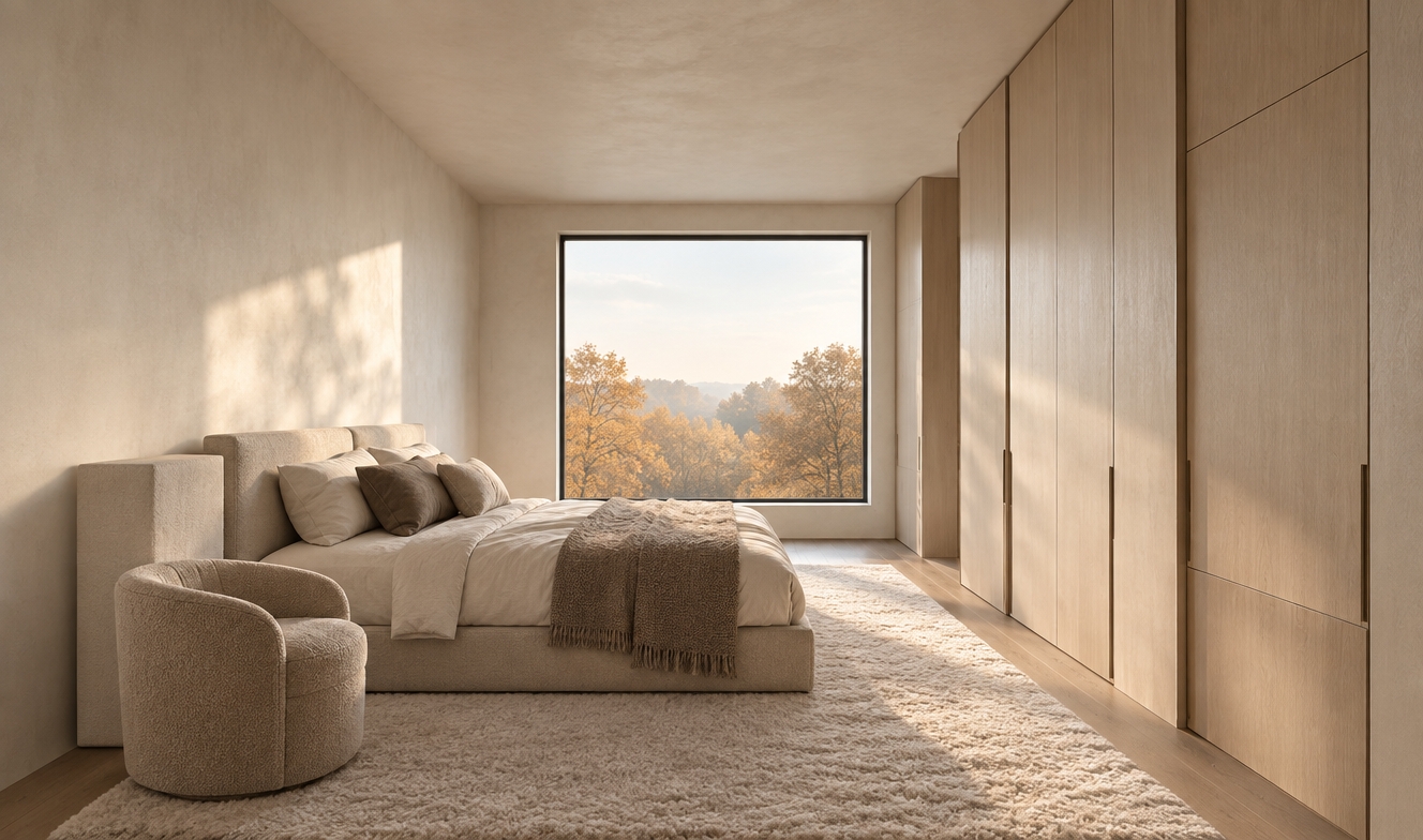 An incredibly lifelike, richly detailed, photorealistic interior shot of a serene Scandinavian bedroom set in a tranquil home during a crisp autumn midday. The scene is illuminated by soft, diffused natural light pouring through a large window, creating a warm, minimalist, and peaceful atmosphere. Captured with a 35mm wide-angle lens, emphasizing the clean lines and tactile textures of the space.

The room features a low-profile, plush platform bed dressed in layers of heavy linen and soft cashmere in earthy taupe and off-white tones. To the left, a rounded, velvet-upholstered ottoman in a warm oatmeal shade serves as a sophisticated accent chair, perfectly complementing the organic aesthetic. Along the right wall, floor-to-ceiling built-in cabinetry with integrated, matte-finish handles offers a seamless, clutter-free storage solution. The walls are finished in a subtle, matte chalk-white lime wash, which catches the afternoon light, while a thick, high-pile wool area rug anchors the space. Outside the expansive window, the hazy, golden light of late autumn highlights the blurred silhouettes of amber-hued trees, grounding the interior in its seasonal context and enhancing the sense of a private, cozy sanctuary.