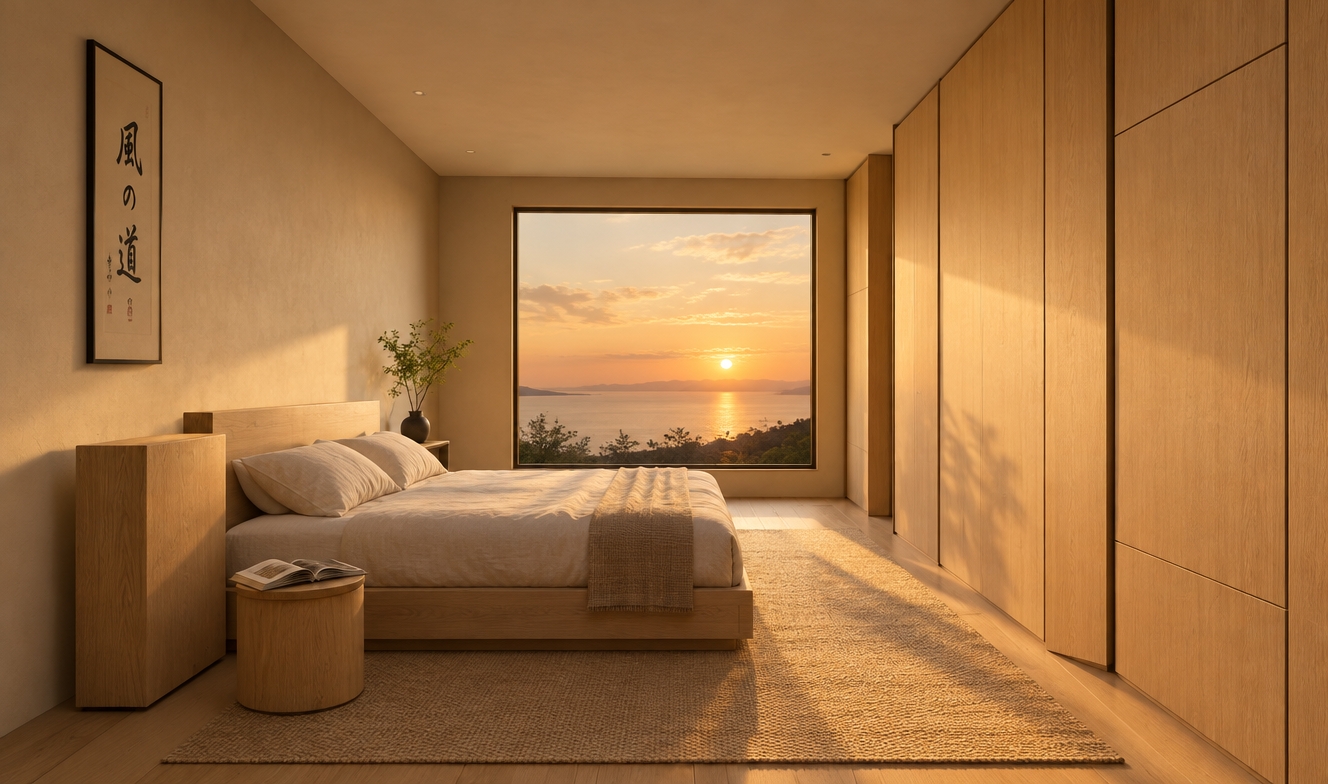An incredibly lifelike, richly detailed, photorealistic wide-angle interior photograph of a Japanese Zen bedroom set in a serene summer retreat. The scene is illuminated by the warm, golden radiance of a summer sunset pouring through the expansive picture window, creating a tranquil, harmonious atmosphere bathed in soft amber tones and elongated shadows. Captured with a full-frame camera paired with a 24mm f/2.8 lens, emphasizing the organic textures of smooth white-oak wood, natural linen bedding, and a woven floor mat, the room epitomizes uncluttered wabi-sabi elegance. A low, minimalist wooden platform bed dressed in crisp neutral-toned sheets rests gracefully alongside a sleek cylindrical side table displaying an open art photography book, while subtle Japanese calligraphy wall art and a delicate potted indoor plant infuse balanced accents of deep black and natural green into the calm, uncluttered space. Seamless, floor-to-ceiling cabinetry frames the right wall, enhancing the clean geometric lines and deeply peaceful, meditative ambiance of the dusk-lit sanctuary.