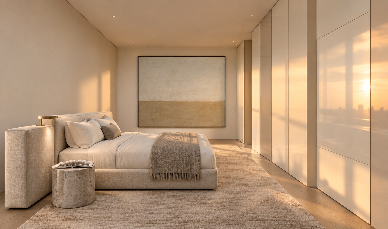 An incredibly lifelike, richly detailed, photorealistic wide-angle interior photograph of a refined master bedroom set in a luxury contemporary penthouse. The scene is illuminated by the soft, warm golden glow of an autumn sunset casting long, gentle shadows, creating an airy, peaceful, and sophisticated atmosphere. Captured with a 24mm tilt-shift architectural lens, emphasizing subtle polished textures, tailored upholstered furniture, and slim metallic accents, the space is balanced in a palette of warm white, pearl, champagne, and soft gray. Centered on the back wall hangs a large minimalist abstract canvas with muted color blocking, while to the left, a cleanly upholstered platform bed with crisp, layered linens rests beside a polished stone cylindrical nightstand topped with an open photography book. Along the right, seamless floor-to-ceiling built-in wardrobes finished in satin pearl lacquer reflect the warm twilight glow, with the entire serene layout anchored by a thick, velvety wool rug over light wood floors under discreet sculptural lighting.