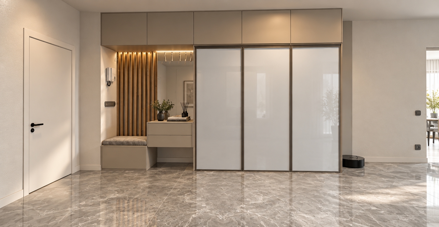 The photo captures a meticulously designed entryway that functions as a minimalist haven, hinting at the thoughtful organization and serene atmosphere one might cultivate in a dedicated study room. This interior space embraces a modern architectural style, characterized by its clean lines, subdued color palette, and emphasis on functionality over ornamentation. The walls are finished in a light, neutral grey with a subtle, fine-grained texture, creating a soft backdrop that accentuates the built-in elements. The flooring is a striking light grey marble-effect tile with delicate veining, adding a touch of understated elegance and textural depth that contrasts beautifully with the otherwise smooth surfaces.

Dominating the central composition is a highly integrated, custom-built storage unit that spans the length of the wall, reaching almost to the ceiling. This unit features a series of light grey, matte-finished cabinet doors with minimal gaps, contributing to the seamless, monolithic appearance. To the left, a recessed niche transforms into a functional zone: a comfortable bench upholstered in a light grey fabric invites a moment of repose, while a sleek, light grey drawer unit sits beneath it, providing discrete storage. Behind the bench, a vertical array of slender, natural wood slats creates a warm, inviting texture and a subtle visual division, providing a backdrop for a wall-mounted intercom system. Above this, a concealed lighting strip illuminates a section with minimalist white hooks, perfect for coats and bags, all contributing to the area's organized, efficient feel. To the right, two large sliding wardrobe doors in the same matte light grey finish as the upper cabinets complete the storage ensemble, their reflective surfaces subtly bouncing the ambient light. A small, dark robotic vacuum cleaner rests discreetly at the base of the wardrobe, emphasizing the space's commitment to modern convenience and order. The overall lighting is soft and even, suggesting either diffused natural light from an unseen source or well-integrated artificial lighting, casting gentle shadows that enhance the architectural forms without harsh contrasts. A simple white door with a contemporary black handle is visible on the left, while another doorway on the right, partially visible, suggests further connectivity within this calm and ordered dwelling. The proportions of the built-in furniture are well-considered, fitting perfectly within the available wall space and enhancing the sense of a thoughtfully designed, human-scaled environment, free of clutter and conducive to a focused, tranquil state of mind.
