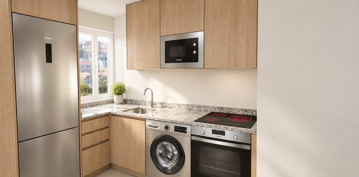 An incredibly lifelike, richly detailed, photorealistic interior shot of a serene Scandinavian-inspired kitchen set in a tranquil, sun-drenched home. The scene is illuminated by soft, diffused midday light streaming through the large window, creating a bright and airy atmosphere that emphasizes the organic warmth of the space. Captured with a 35mm lens, the focus is on the seamless integration of clean-lined, light oak cabinetry and high-end stainless steel appliances, such as the sleek integrated refrigerator and modern oven. 

The composition highlights a perfect balance between functionality and minimalist aesthetic, where a speckled granite countertop anchors the workspace, accented by a contemporary chrome faucet. Beyond the window, a glimpse of an urban landscape is bathed in a soft, natural glow. The color palette of muted whites, gentle grays, and warm wood tones evokes a sense of "hygge," further enhanced by the clean, uncluttered surfaces. Subtle touches, such as the precise alignment of the built-in microwave and the reflection on the appliance faces, contribute to a high-end, polished visualization that feels both lived-in and impeccably curated.