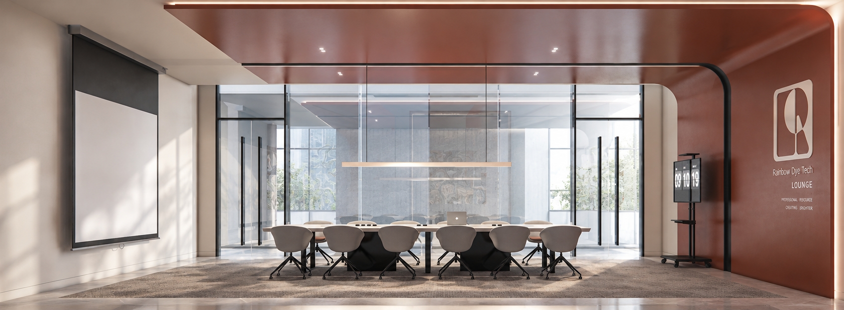 An incredibly lifelike, richly detailed, photorealistic interior perspective of a modern executive meeting room set in a high-end corporate office. The scene is illuminated by soft, diffused midday light streaming through the expansive rear glass wall, creating a clean, professional, and tranquil atmosphere. Captured with a 35mm wide-angle lens, the composition emphasizes the seamless transition between the warm, terracotta-toned curved bulkhead and the sleek, minimalist glass partitions.

The room centers on a long, architectural meeting table supported by geometric black bases, surrounded by ergonomic, light-gray swivel chairs that hint at comfort and premium craftsmanship. A slender, floating linear pendant light casts a subtle glow over the workspace, while the deep, matte terracotta finish of the feature wall adds a sophisticated, contemporary elegance to the space. Subtle reflections dance across the polished glass surfaces, adding depth and a sense of transparency. The neutral-toned plush carpeting and the crisp, retractable projector screen provide a refined contrast to the bold accent wall, where the "Rainbow Dye Tech" branding is subtly embossed with a soft, natural shadow, reflecting a perfect, quiet moment of mid-day focus.