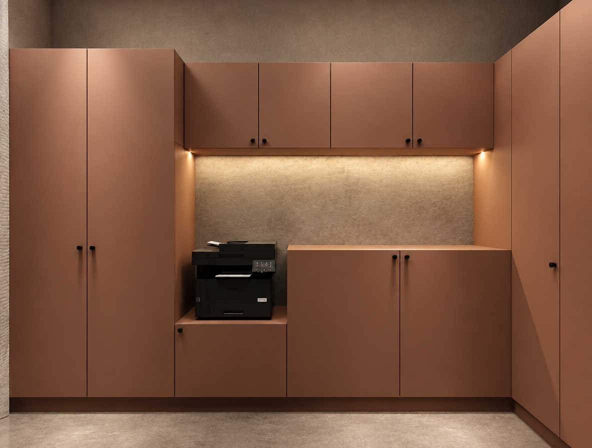 An incredibly lifelike, richly detailed, photorealistic interior photo of a minimalist home office storage system set in a contemporary studio space. The scene is illuminated by soft, recessed under-cabinet warm lighting, creating a sophisticated and tranquil atmosphere. Captured with a 35mm lens, emphasizing the smooth, matte terracotta finish of the cabinetry and the tactile, raw concrete texture of the backsplash.

This custom cabinetry layout features floor-to-ceiling storage flanking a central workstation nook, defined by its monochromatic, earthy palette. The deep, warm clay tones of the cabinetry provide a sleek contrast to the industrial-inspired concrete wall, which catches the gentle glow of integrated lighting. A professional-grade black multifunction printer sits neatly on the integrated counter, acting as a functional anchor within the seamless design. The clean lines, precision-fitted panels, and understated black circular hardware exemplify a modern, clutter-free aesthetic, while the subtle play of light and shadow across the surfaces imparts a sense of depth, materiality, and architectural refinement.