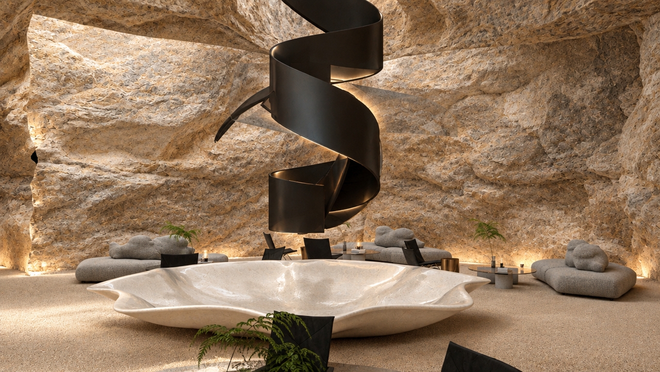 An incredibly lifelike, richly detailed, photorealistic interior shot of a subterranean lounge set in a secluded mountain escape. The scene is illuminated by soft, ambient light filtering through the cavernous space, creating an ethereal, contemplative atmosphere. Captured with a 35mm wide-angle lens, the composition emphasizes the striking juxtaposition between the rugged, raw limestone walls and the sleek, gravity-defying black spiral staircase that anchors the center of the room. A massive, shell-like cream-colored basin creates a central focal point, surrounded by low-profile, cloud-like modular sofas in neutral, textured fabrics that offer a cozy, cabin-inspired comfort. The space is accented with organic elements, including delicate indoor ferns that introduce splashes of deep green, providing a refreshing contrast to the warm, earth-toned sands of the floor and the rocky, cave-like walls. Every texture is rendered with exquisite precision, from the porous, naturally weathered stone surfaces to the smooth, reflective finish of the central feature, while the entire setting exudes an inviting, Alpine-inspired serenity that feels both avant-garde and deeply connected to the natural world.