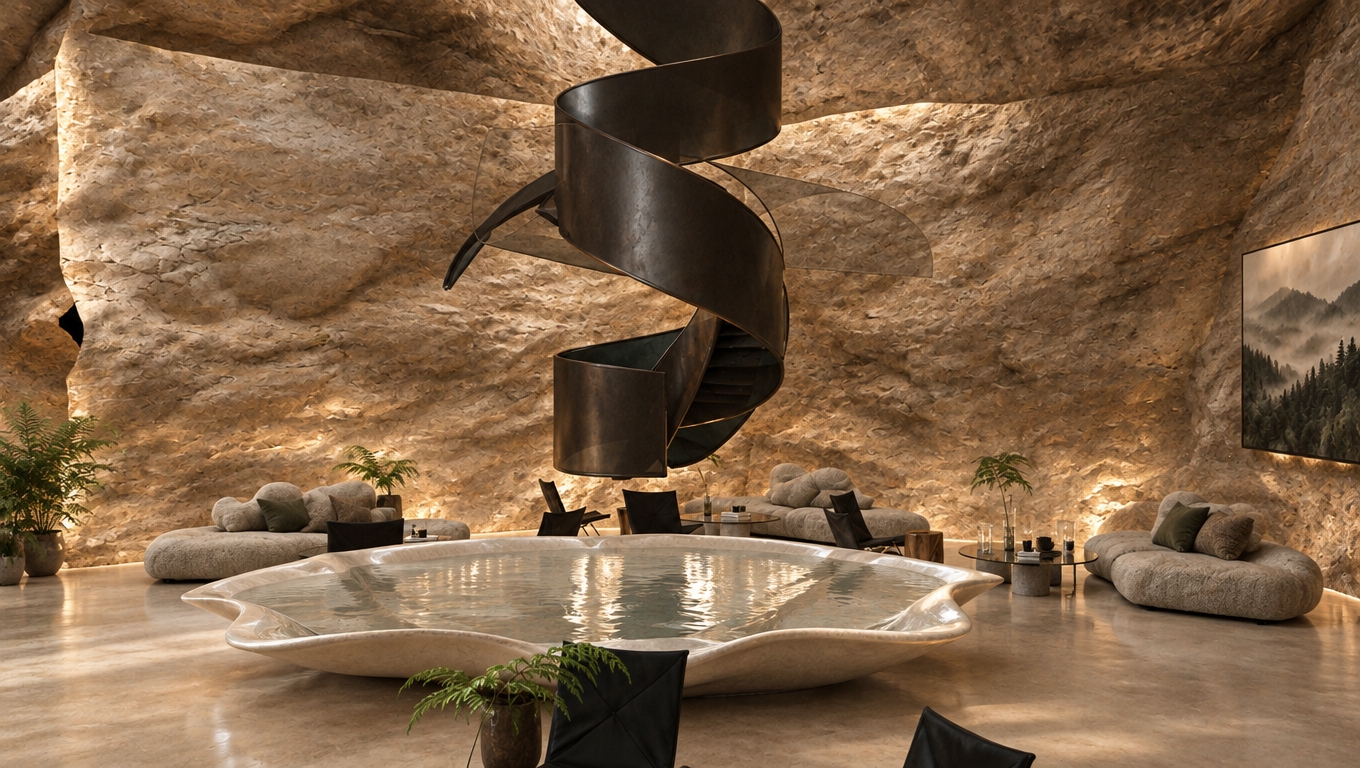 An incredibly lifelike, richly detailed, photorealistic interior shot of a serene mountain-escape onsen, nestled deep within a rustic, alpine cavern. The scene is illuminated by soft, diffused subterranean light that highlights the rugged, textured sandstone walls and casts gentle shadows, creating a cozy and deeply inviting atmosphere. Captured with a 35mm wide-angle lens, the composition emphasizes the dramatic contrast between the sculptural, cream-colored fluid basin of the central onsen and the striking, gravity-defying dark metallic ribbon staircase that spirals elegantly toward the ceiling. The surrounding environment is curated with cabin-inspired elements: plush, boulder-like lounging sofas in warm neutrals, sturdy reclaimed wooden accents, and pops of organic greenery from potted ferns that breathe life into the space. Earthy shades of deep forest greens, rich chocolate browns, and sandy beiges dominate the palette, while subtle mountain-range wall art and delicate, minimalist glass coffee tables add a sophisticated, modern touch. The depth of field is carefully managed, pulling focus to the glossy, liquid-like surface of the bath, where subtle, high-end reflections dance, grounding the avant-garde architecture within its natural, rugged sanctuary.