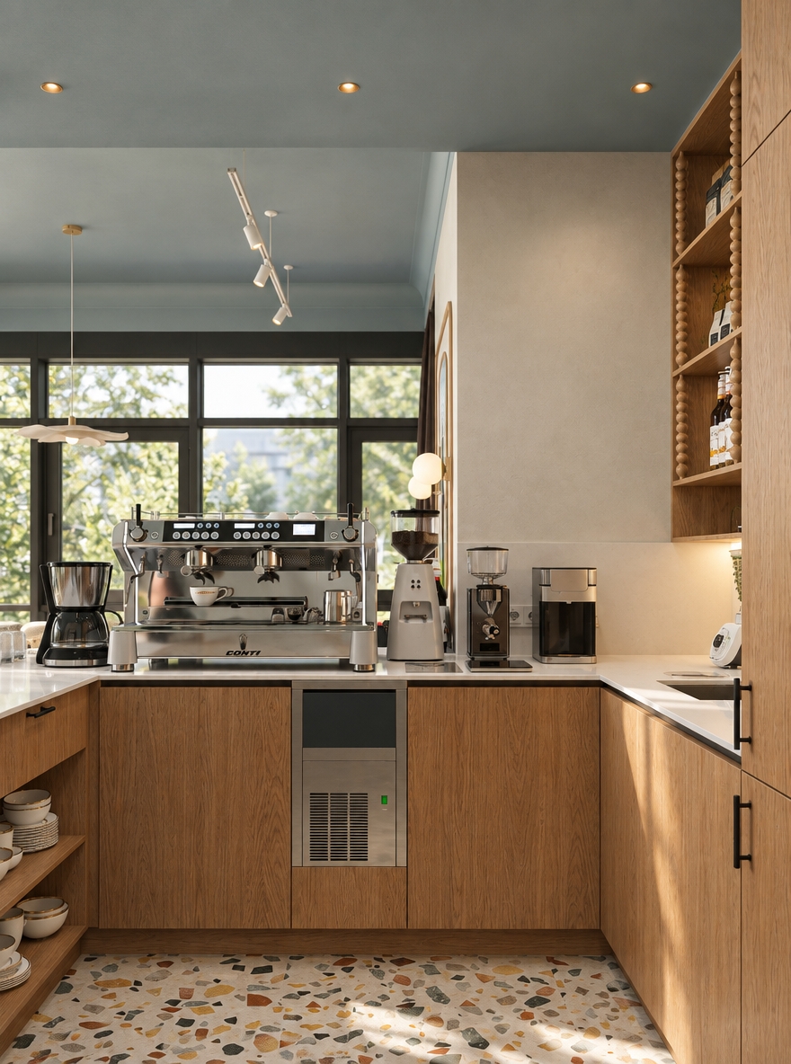 An incredibly lifelike, richly detailed, photorealistic interior shot of a sophisticated boutique coffee bar set in a tranquil, urban-adjacent environment. The scene is illuminated by soft, diffused daylight streaming through expansive floor-to-ceiling windows and accented by warm, integrated downlights, creating an inviting, professional atmosphere. Captured with a 35mm lens to capture the full breadth of the U-shaped cabinetry, emphasizing the organic grain of the oak millwork and the intricate, multi-colored aggregate of the custom terrazzo flooring.

The composition centers on a high-end, polished steel commercial espresso machine, which acts as the focal point against the clean, matte-white backsplash. The cabinetry features a harmonious blend of recessed open shelving—detailed with decorative spindle supports—and seamless flat-panel doors with minimalist matte-black hardware. A recessed ceiling cove, painted in a muted sage-blue, adds a layer of depth and architectural interest, contrasting beautifully with the warm wood tones. The perspective is perfectly symmetrical, highlighting the balance between functional café equipment and residential-style warmth, with the soft blur of lush green foliage visible through the dark-framed glass, rooting the space in a serene, nature-connected setting.