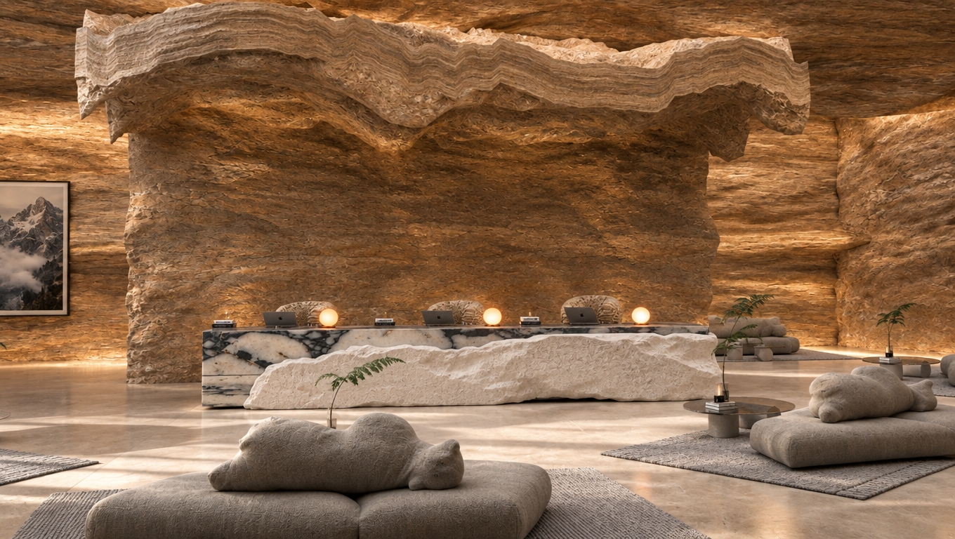 An incredibly lifelike, richly detailed, photorealistic interior shot of a bespoke hotel lobby set in a serene mountain escape. The scene is illuminated by soft, diffused ambient light that filters through the cavernous space, creating a warm, inviting, and rugged atmosphere. Captured with a 35mm wide-angle lens, the image emphasizes the dramatic contrast between the raw, stratified rock-face walls and the smooth, polished marble of the central reception desk, which features an organic, rough-hewn stone base. The aesthetic is deeply grounded in Alpine charm, with comfortable, plush floor-seating loungers upholstered in soft, neutral fabrics arranged on textured gray rugs, complemented by minimalist glass-top side tables and delicate indoor ferns that introduce organic life to the arid, earthy palette of deep browns and sandy neutrals. Mountain-inspired decor, including carefully curated photography books and abstract wall art echoing the surrounding mountain ranges, anchors the space, while subtle, glowing circular lamps provide intimate pools of light along the desk. The perspective highlights the spatial harmony of this rustic, cabin-inspired sanctuary, where the interplay of massive, natural stone textures and refined, sturdy furnishings evokes a sense of timeless, elevated comfort tucked away in the heart of the mountains.