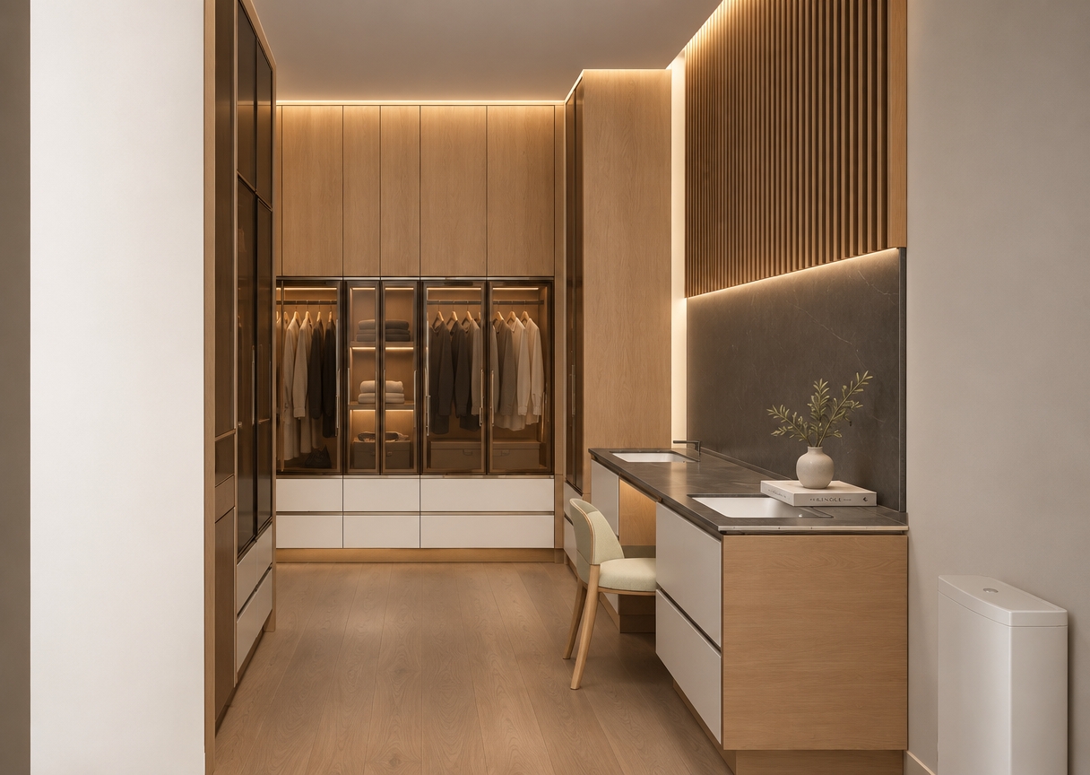An incredibly lifelike, richly detailed, photorealistic interior shot of a bespoke walk-in closet set in a minimalist haven. The scene is illuminated by soft, diffused cove lighting that highlights the natural wood grain, creating a serene and zen-inspired atmosphere. Captured with a wide-angle 24mm lens, the composition emphasizes the clean lines of floor-to-ceiling cabinetry and the streamlined vanity area. 

The space features a sophisticated palette of warm oak finishes, crisp matte white lacquer, and deep charcoal accents. High-end glass-fronted wardrobe cabinets offer a curated glimpse of organized interiors, while the vanity area is accented by sleek, dark metallic hardware and a minimalist chair with soft pastel upholstery. A tall, vertical slatted wood feature wall adds texture and depth to the room, contrasting beautifully with the smooth surfaces. Clutter-free countertops hold only a curated photography book and a small, sculptural ceramic vase containing a sprig of greenery, maintaining the uncluttered aesthetic. The perspective draws the eye toward the balanced geometry of the cabinetry, where every element—from the seamless drawers to the recessed vanity—feels perfectly integrated and elegantly modern.