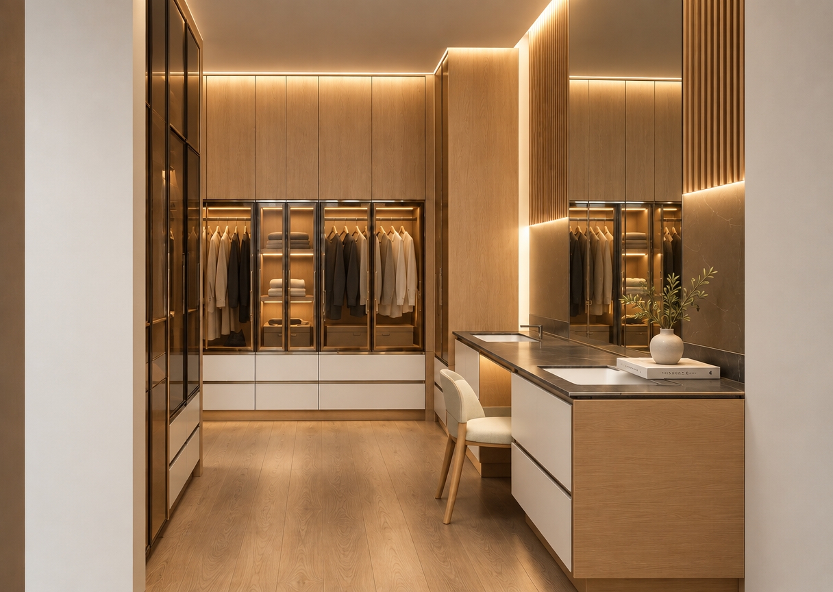 An incredibly lifelike, richly detailed, photorealistic interior shot of a sophisticated walk-in closet set in a minimalist haven. The scene is illuminated by warm, concealed cove lighting and soft ambient LED strips, creating a serene and luxurious atmosphere. Captured with a 35mm wide-angle lens, emphasizing the fine grain of the light oak cabinetry, the cool matte finish of the dark stone countertops, and the sleek glass fronts of the wardrobe units.

The composition centers on a balanced, symmetrical layout where floor-to-ceiling wooden storage is seamlessly integrated with a bespoke vanity area. In place of a solid wall, a large, floor-to-ceiling mirror reflects the warmth of the space, enhancing the depth and light within the room. A single, minimalist chair with a cream-colored upholstered seat sits neatly beneath the vanity, while a delicate ceramic vase with a sprig of greenery adds a touch of organic elegance to the dark stone surface. The transition from the warm, textured wood flooring to the refined joinery creates a sense of tranquil order, with every material—from the brushed metal hardware to the translucent glass—rendered with impeccable precision to evoke a high-end, contemporary residential aesthetic.