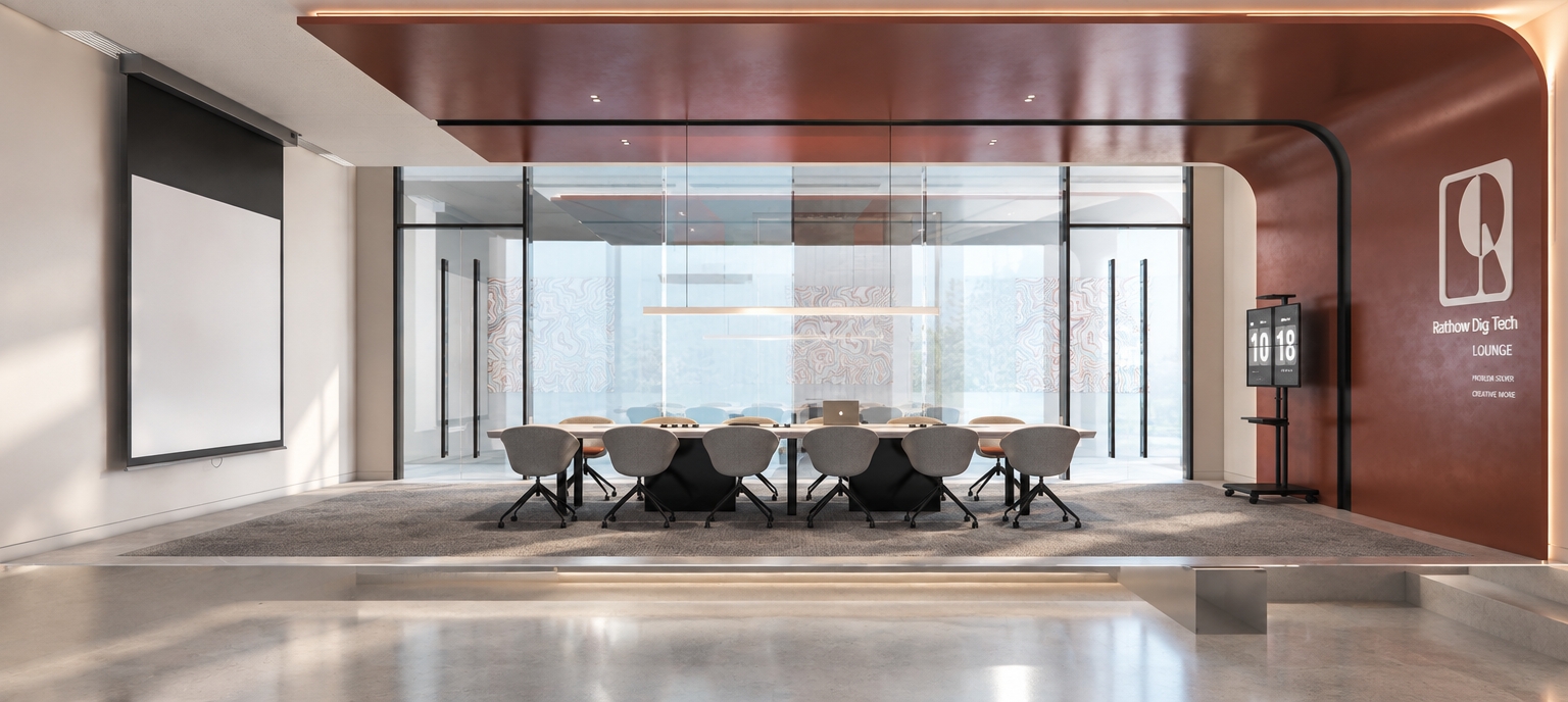 An incredibly lifelike, richly detailed, photorealistic wide-angle interior shot of a corporate boardroom set in a minimalist, high-tech office environment. The scene is illuminated by soft, diffused midday light streaming through the glass partitions, creating a serene, professional, and airy atmosphere. Captured with a 35mm lens, the rendering emphasizes the seamless transition between the matte, deep-terracotta curved bulkhead and the pristine white acoustic ceilings. 

The room is anchored by a sleek, monolithic black conference table surrounded by sculpted, ergonomic ash-grey chairs that cast delicate, soft-edged shadows on the plush, charcoal-toned carpeting. The architectural glazing reveals a subtle, ghostly reflection of geometric artwork, adding depth to the transparent barriers. Polished metallic accents on the pendant light fixture glint under the overhead glow, while the branding on the feature wall appears with crisp, tactile precision, underscored by the gentle, warm wash of concealed LED coving. The entire space exudes a sense of quiet efficiency and refined contemporary design, with the sharp edges of the projection screen and the mobile digital display balanced against the rounded, fluid lines of the architectural bulkhead.