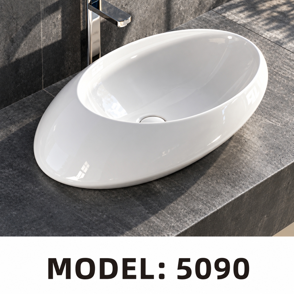 A crisp photograph taken in bright midday summer sunlight, highlighting the smooth, glossy white ceramic oval vessel sink resting on the textured dark grey stone countertop. Maintaining the exact composition and high-angle view, the direct overhead daylight produces natural specular highlights across the curved porcelain glaze and sleek chrome faucet, casting distinct, soft-edged shadows. The image features realistic photographic clarity, showing fine surface textures on the matte counter and authentic, clean daytime lighting with a neutral color balance.