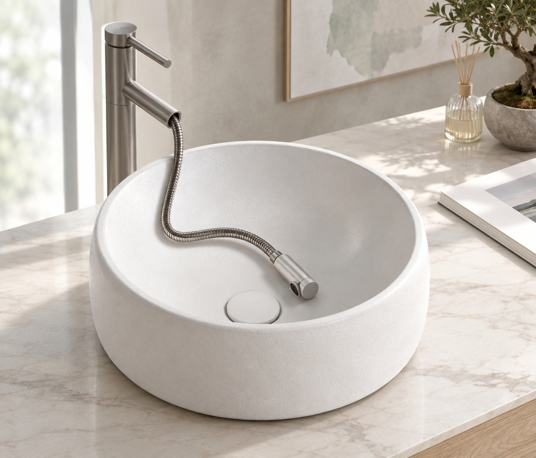 An incredibly lifelike, richly detailed, photorealistic medium interior shot of an elevated vanity nook set in a serene, Zen-inspired summer bathroom sanctuary. The scene is illuminated by diffused midday sunlight cascading through a floor-to-ceiling frosted glass window, creating an airy, peaceful, and uncluttered atmosphere. Captured with an 85mm f/2.0 lens, emphasizing the tactile matte texture of the handcrafted white ceramic vessel sink, the refined brushed-steel pull-out faucet, and the delicate veining of the pale marble countertop. Resting upon a seamless floating light-oak vanity, the clutter-free surface features a single minimalist open photography book and a small fluted-glass diffuser, while a potted bonsai olive tree introduces a touch of organic greenery. In the background, muted abstract canvas art in washes of soft gray, warm white, and subtle pastel sage adorns the micro-cement wall, completing a streamlined, exquisitely balanced composition defined by modern elegance and tranquil minimalism.