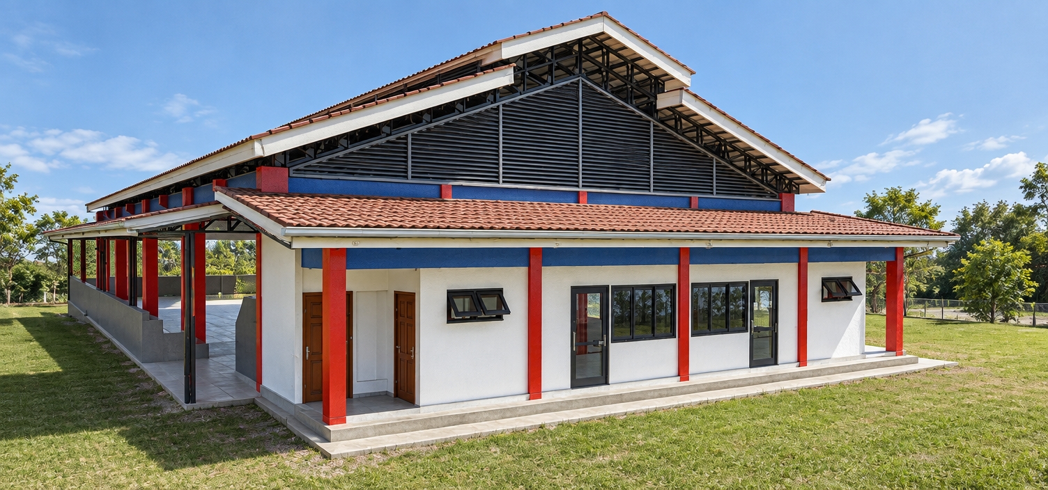 An architectural photograph taken during a clear spring midday, maintaining the exact geometry, perspective, and layout of the pavilion building. Strong overhead sunlight casts sharp, defined shadows under the eaves and exposed steel roof trusses. The painted white concrete walls show subtle plaster texture, the red support columns display a realistic semi-gloss painted metal finish, and the brown roof surfaces feature authentic clay tile textures and natural seams. Under the gable, the dark metal ventilation louvers and trusses reflect soft ambient sky light, while the glass windows and doors exhibit realistic reflections and transparency. Ground surfaces and concrete walkways carry natural micro-textures, captured sharply on a clean architectural lens with balanced natural daylight exposure and subtle depth.