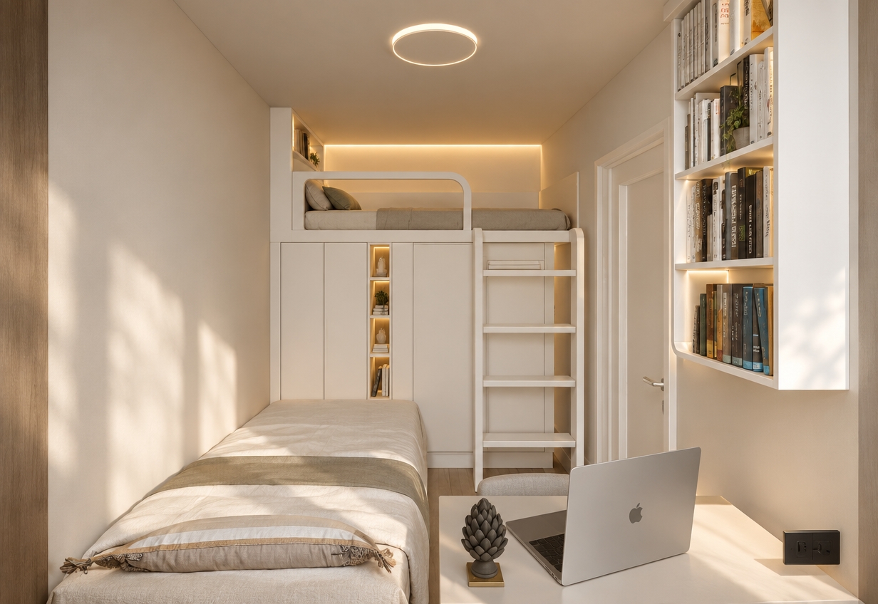 An incredibly lifelike, richly detailed, photorealistic wide-angle interior shot of a compact bedroom set in a peaceful Scandinavian sanctuary. The scene is illuminated by soft, natural midday light streaming through, complemented by warm 3000k integrated LED strip lighting, creating a cozy and serene atmosphere. Captured with a 24mm wide-angle lens, emphasizing the crisp white cabinetry and the clean, minimalist lines of the bespoke furniture.

The room features a clever L-shaped sleeping configuration, with a lower bed positioned along the left wall and a raised upper bunk featuring a dedicated bedside nook illuminated by a glowing 3000k LED strip. At the foot of the bed, a custom white wardrobe provides seamless storage, while the adjacent wall-mounted bookshelf displays a curated collection of literature. The desk area in the foreground, complete with a sleek laptop and a sculptural objet d’art, highlights the functionality of the space. Every surface, from the matte white finishes to the soft textures of the bedding, is rendered with impeccable precision, reflecting the gentle spring sunlight and the thoughtful, space-efficient design of this modern urban retreat.
