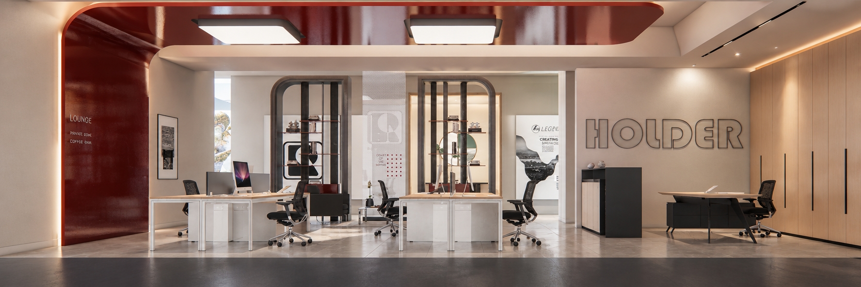 An incredibly lifelike, richly detailed, photorealistic wide-angle interior shot of a contemporary corporate workspace set in an urban professional environment. The scene is illuminated by soft, diffused daylight streaming through hidden apertures, complemented by crisp, warm recessed lighting that creates a professional yet inviting atmosphere. Captured with a 35mm lens on a full-frame sensor, the image emphasizes the high-gloss lacquer finish of the deep crimson ceiling feature, which casts subtle, warm reflections onto the workstation surfaces. The minimalist aesthetic is defined by sleek, light-oak desks and ergonomic mesh task chairs, while the textured, matte-beige walls provide a grounded backdrop for the bold "HOLDER" typography. Intricate details such as the brushed metal frames of the open shelving units, the subtle grain of the floor tiling, and the sharp, clean lines of the custom cabinetry suggest a high-end, meticulously curated office environment. The composition maintains a perfect bilateral balance, drawing the eye toward the central open-plan area where the spatial depth is enhanced by the layered, semi-transparent partitions, resulting in a serene, uncluttered haven of modern productivity.