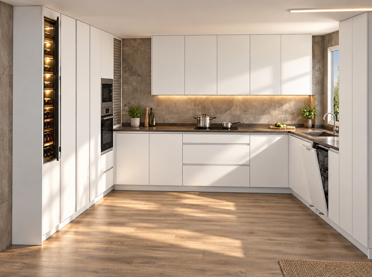 A crisp, photorealistic interior photograph of the modern U-shaped kitchen bathed in bright, natural daytime illumination paired with warm ambient lighting. The exact composition, white cabinetry, dark countertops, wood plank flooring, and textured stone backsplash are preserved with true-to-life surface details, subtle reflections, and authentic tactile textures. The glass door of the built-in wine cooler on the left is gently opened, casting a soft warm glow across the interior wine bottles. Sunlight filters naturally from the window, creating soft, realistic falloff shadows across the counters and floor, captured cleanly with a wide-angle architectural lens, balanced exposure, and subtle photographic depth.