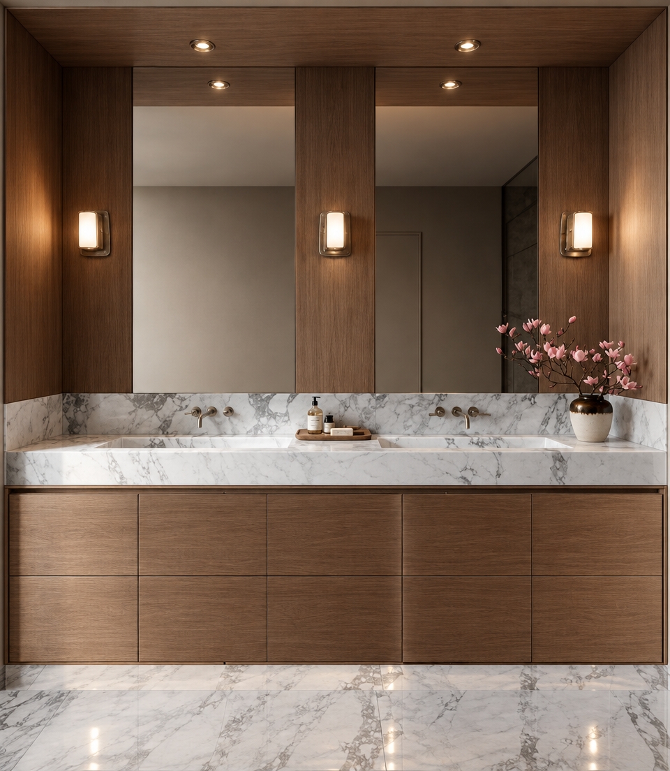 An incredibly lifelike, richly detailed, photorealistic eye-level interior shot of a bespoke primary bathroom set in a contemporary luxury residence. The scene is illuminated by recessed architectural downlights and soft, warm wall-mounted sconces, creating a sophisticated, spa-like atmosphere. Captured with a 35mm lens, emphasizing the rich, vertical grain of the rift-sawn walnut cabinetry paired with the cold, dramatic veining of polished Carrara marble surfaces.

The composition centers on a balanced, dual-vanity arrangement where the warmth of the wood cabinetry seamlessly integrates with a thick-profile marble slab countertop. Reflective, floor-to-ceiling mirror panels are punctuated by vertical wood columns, creating a rhythmic and clean-lined aesthetic. Subtle, curated details—such as a minimalist wooden tray housing artisanal soaps and a delicate ceramic vase holding soft pink magnolia blossoms—introduce a sense of refined, lived-in elegance. The interplay of light against the polished stone floor creates subtle, shimmering highlights, while the slim brushed-metal faucet fixtures underscore the space’s minimalist, high-end design language. The overall effect is one of understated luxury, where every material has been selected to harmonize within a palette of warm white, pearl, and soft gray tones.