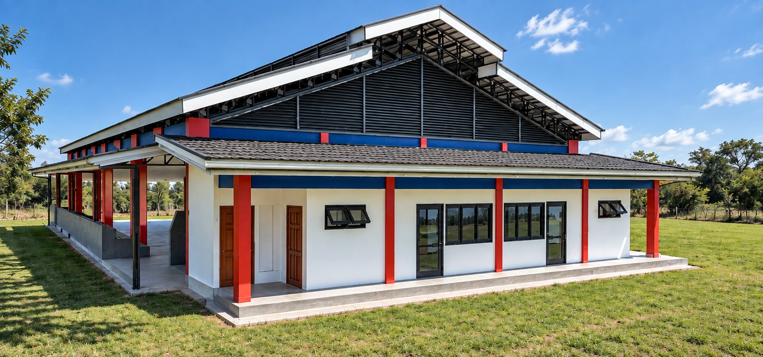 A sharp architectural photograph of the pavilion captured under intense summer midday sunlight with direct, high-overhead illumination. Crisp, dark shadows fall sharply beneath the eaves and exposed roof trusses, revealing natural micro-textures on the white plastered walls, painted red columns, and textured roof tiles. The glass windows exhibit subtle daylight reflections and faint dust, while the surrounding green lawn features naturally uneven blades and slight dryness under the harsh sun. Captured on a wide-angle lens with natural color saturation, true-to-life dynamic range, and gentle photographic grain.