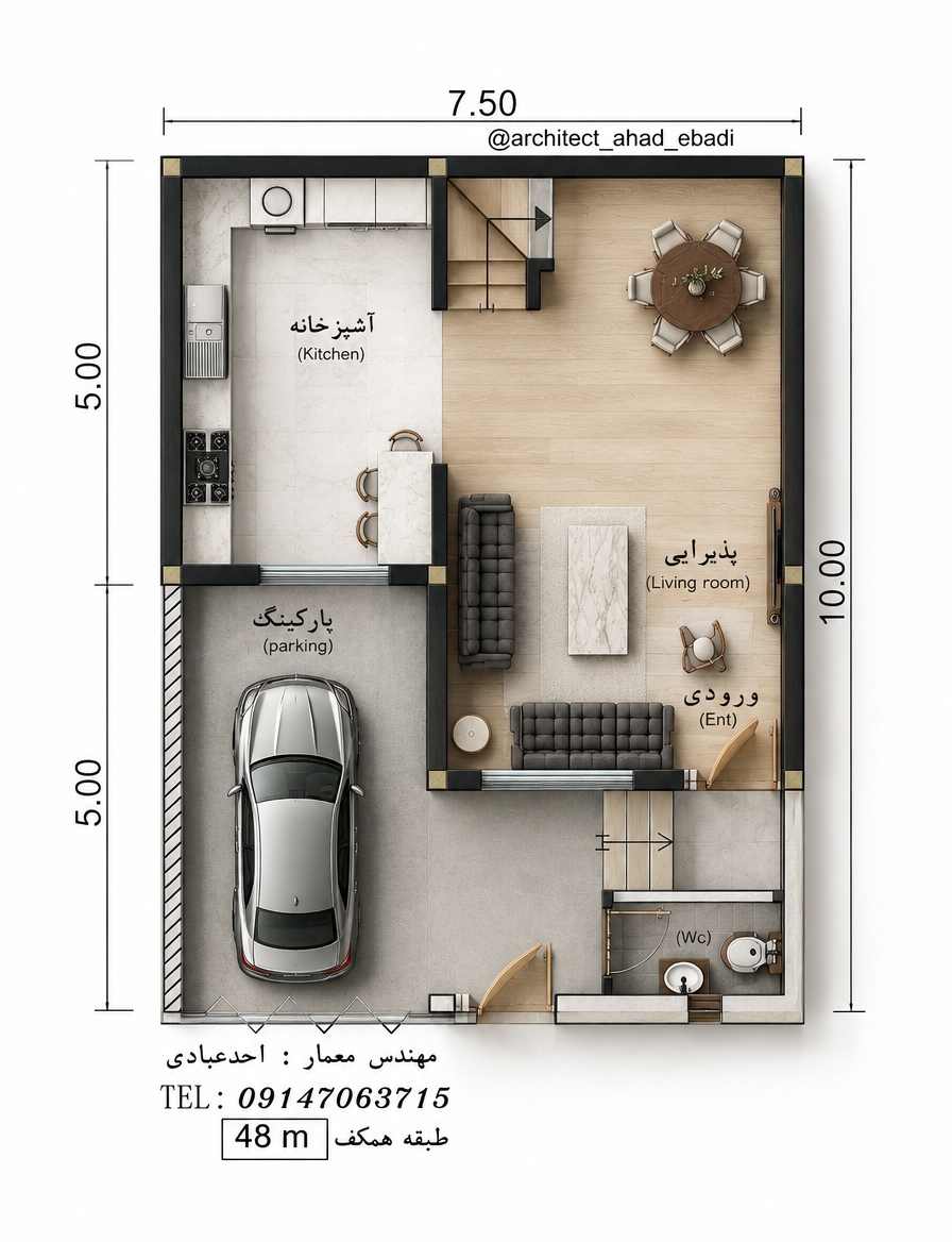 An incredibly lifelike, richly detailed, photorealistic top-down orthographic architectural view of a contemporary residence interior set in a refined modern urban home. The scene is illuminated by soft, diffuse natural morning daylight streaming in from perimeter windows paired with subtle, warm interior accent lighting, creating an elegant, serene, and exquisitely organized atmosphere. Captured with a medium-format camera equipped with a precision architectural tilt-shift lens, emphasizing tactile micro-textures of smooth matte surfaces, subtle ambient contact shadows, and polished craftsmanship.
Every zone within this compact, thoughtfully arranged layout reveals tangible luxury and realism. The main open-concept living area features wide-plank, light bleached-oak flooring with delicate wood grain, upon which rests a low-profile rectangular coffee table surrounded by a plush, charcoal-upholstered tufted sofa and an ergonomic designer armchair. In the adjacent dining zone, a circular solid-walnut dining table is encircled by six neatly arranged modern upholstered dining chairs, perfectly balanced beneath invisible ambient ceiling spots. Directly connected, the kitchen showcases flawless white quartz countertops with subtle grey veining, a seamless undermount stainless steel prep sink, an induction cooktop, and a compact two-seater breakfast nook.
To the side, the enclosed parking bay displays a smooth, dust-free sealed concrete floor with a subtle satin sheen, cradling a polished classic automobile whose metallic finish casts crisp, gentle ground reflections. Modern geometric stairs feature blonde wood treads edged with discreet matte-black steel risers, while the adjacent compact powder room is finished in smooth, large-format porcelain stoneware tiles, complete with a minimalist ceramic basin and wall-hung fixtures. Solid partition walls are rendered in pristine off-white plaster with subtle micro-bevels, defining clear pathways, pristine spatial flow, and an unmistakably sophisticated domestic sanctuary.