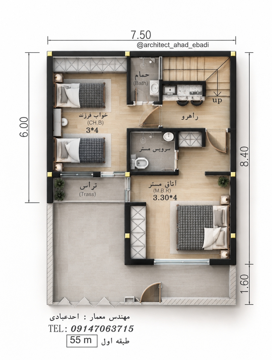 An incredibly lifelike, richly detailed, photorealistic top-down architectural presentation photograph of a modern 55-square-meter residential floor plan set in a high-end studio display environment. The scene is illuminated by balanced, soft ambient daylight and subtle warm interior ceiling spots, casting gentle, directional contact shadows that establish depth and dimension without clutter, creating a serene, highly sophisticated, and organized atmosphere. Captured with a high-resolution medium-format camera and a tilt-shift macro lens positioned perfectly perpendicular to the layout, emphasizing the tactile textures of smooth pale oak parquet floors, crisp matte-white partitions, dark charcoal wall sections, and refined micro-cement tiling in the master en-suite and guest bathroom. 

Within the meticulously scaled layout, the master bedroom showcases a crisply dressed double bed with fine woven charcoal-and-cream linens, bordered by recessed floor-to-ceiling closets and an en-suite with polished chrome fittings and porcelain sanitaries. The adjacent children's bedroom features two neatly tucked twin beds flanked by bedside tables, a compact desk, and generous wardrobe storage, opening toward a paved exterior terrace with potted greenery. The central circulation corridor integrates a sleek modern mini-bar topped with natural stone and a pair of contemporary stools, alongside a light-toned wooden staircase leading upwards. Every opening, sliding glass partition, and architectural dimension line appears razor-sharp, presenting a flawlessly rendered, photorealistic modern fusion layout.