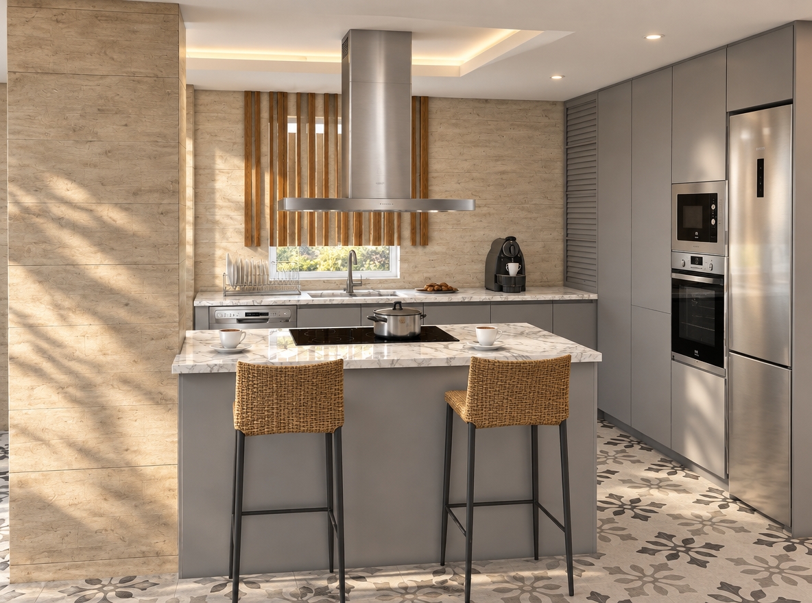 A bright, naturally illuminated architectural photograph of the kitchen, capturing the scene with the exact same composition, layout, and materials intact. Soft morning daylight floods the room, complemented by warm, gentle ambient ceiling illumination to brighten shadows naturally. The shot emphasizes realistic material textures: tactile grain on the textured wall surfaces, subtle polished reflections and distinct grey veining on the white marble countertops, a clean brushed finish on the stainless steel range hood and appliances, woven fiber micro-detail on the bar stools, and a soft sheen across the patterned ceramic floor tiles. Shot on a 35mm lens with balanced exposure, sharp clarity, realistic contact shadows, and natural color reproduction.