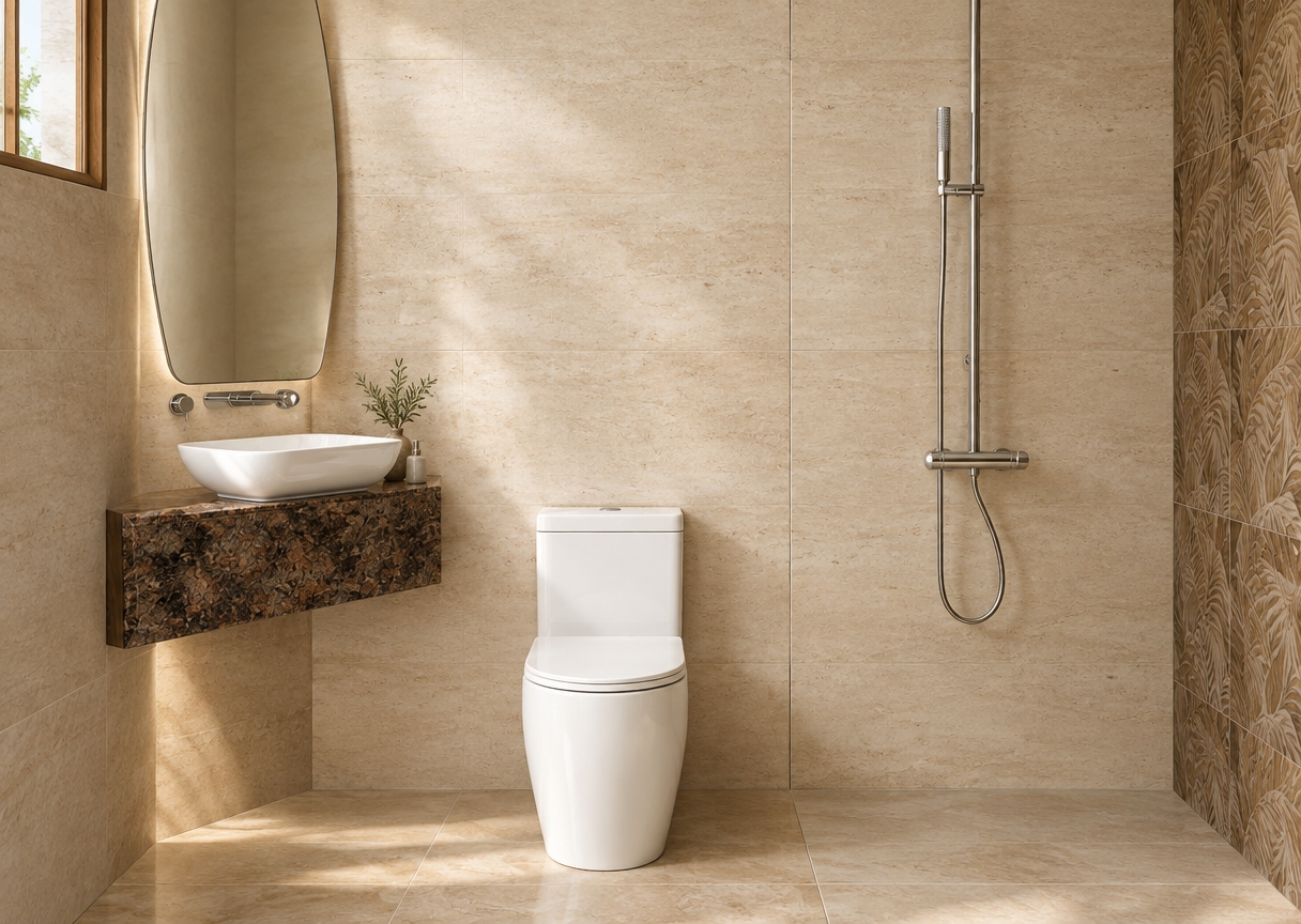 An incredibly lifelike, richly detailed, photorealistic eye-level interior shot of a serene vacation bathroom set in a tranquil Scandinavian sanctuary. The scene is illuminated by soft, diffused morning light filtering through an unseen window, creating a warm, airy, and rejuvenating atmosphere. Captured with a 35mm lens, emphasizing the tactile textures of the honed travertine walls and the intricate, wood-carved inspired leaf-patterned accent tiles that ground the space in organic luxury. 

The composition centers on a streamlined, ergonomic white porcelain toilet, flanked by a floating brown granite vanity countertop that displays a sophisticated grain and deep, earthy hues. Above the sink, a tall, elegant mirror with softened edges reflects the minimalist aesthetic, while a polished chrome shower system stands against the crisp backdrop. The floor is clad in large-format travertine tiles, seamlessly transitioning into the decorative, nature-inspired wall feature. Every detail, from the gentle shadow play beneath the floating vanity to the subtle metallic sheen of the plumbing fixtures, evokes a sense of high-end, uncluttered calm, perfectly blending natural materials with modern functionality.
