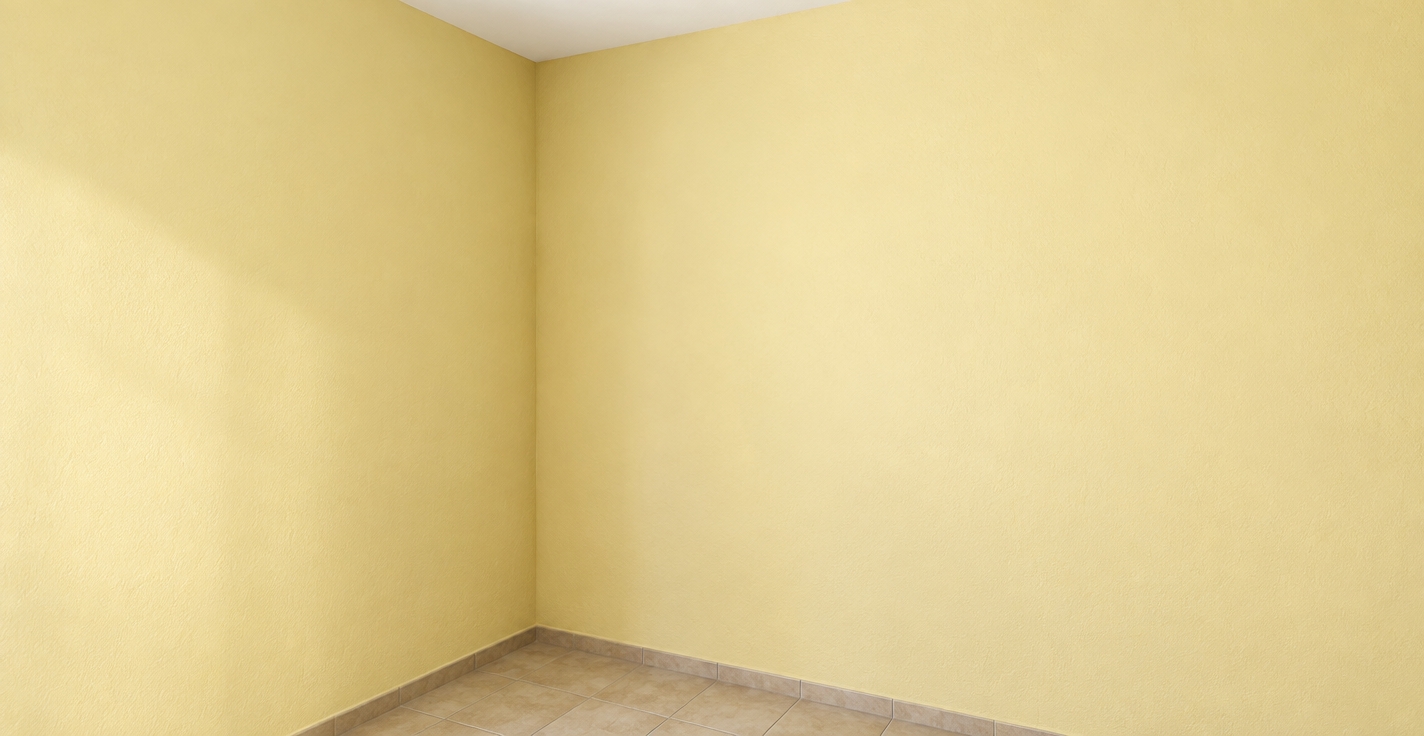 A crisp architectural photograph capturing the exact empty room corner, featuring pale yellow painted walls, a clean white ceiling, and beige ceramic floor tiles. Soft, diffused daylight casts natural ambient light and gentle shadows into the corner seam, highlighting realistic drywall roller textures, fine surface micro-imperfections, and authentic tile grout lines. Shot with a 35mm lens, the rendering emphasizes tactile material physics, subtle corner occlusion, neutral-warm color temperature, and faint film grain while preserving the precise composition and geometric layout.