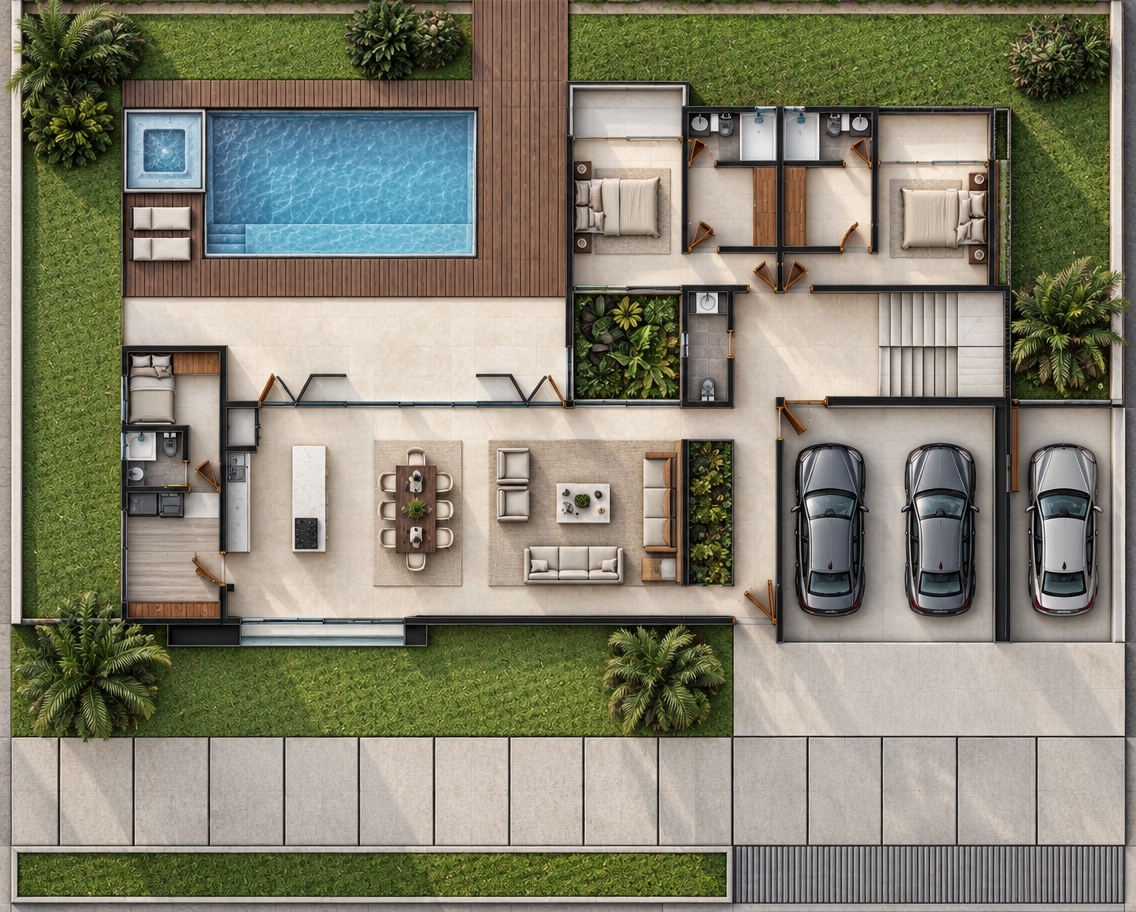 Top-down architectural photograph of the residence floor plan under soft, natural daylight, perfectly maintaining the exact layout and orthographic perspective. The interior living spaces feature large-format light beige polished porcelain tile with subtle surface reflections, while exterior patios are finished in matte, textured dark beige stone. The pool surround is lined with rich dark wood decking around clear, refractive water. Bathrooms have realistic gray wood-tone tile flooring, and the landscaped outdoor areas are filled with vibrant natural grass, tropical shrubs, and detailed palm leaves. Balanced ambient light produces soft, natural contact shadows defining walls and furniture, highlighting realistic upholstery, fixtures, and metallic vehicle finishes.